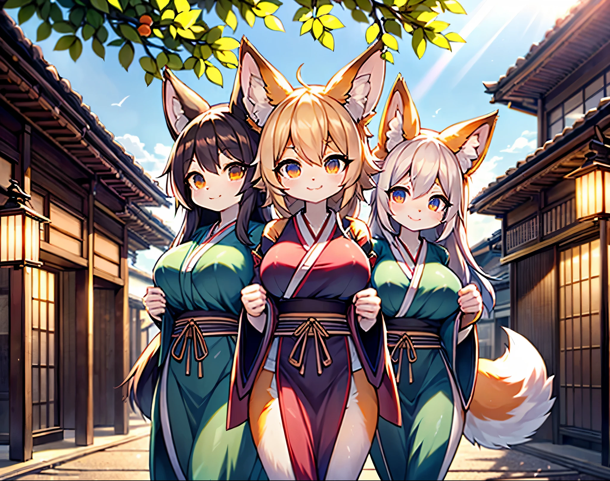 (Multiple beautiful girls with fox ears)、(4+girls), sightseeing around Kyoto-style buildings, Japanese Kagura dance costumes, midsummer sunlight, rows of lanterns, Japanese summer festival