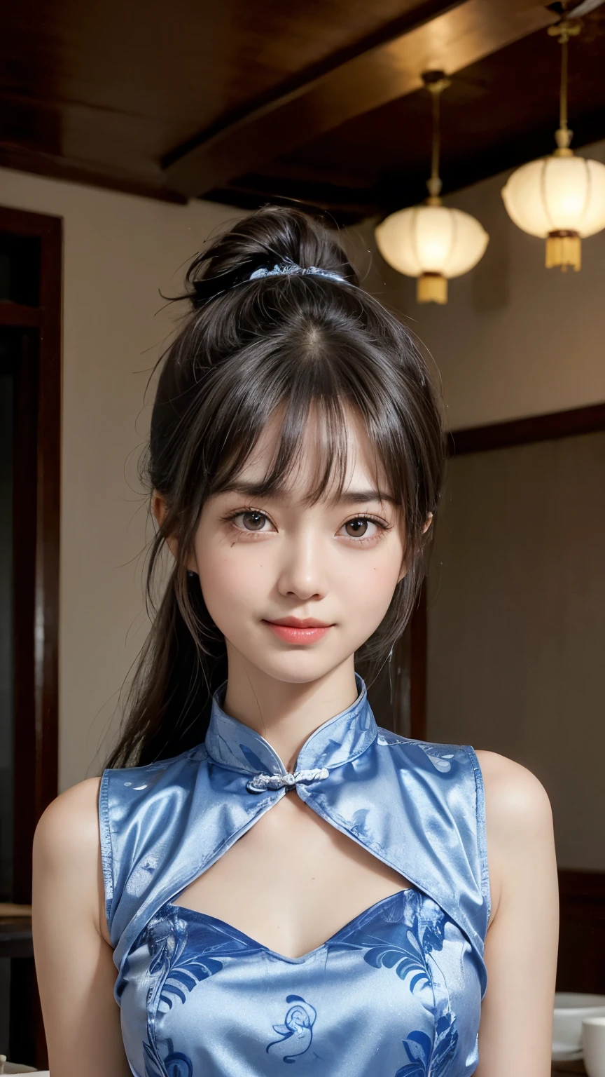 ((sfw:1.4)), ((sfw, Classic Chinese flower pattern blue dress, bony body, smile, 1 girl)), ultra high resolution, (real:1.4), RAW photo, highest quality, (photorealistic), focus , Soft light, ((Shiny platinum silk super long straight hair, beautiful shiny bangs, big clear eyes, very beautiful bright eye highlights)), (((Young face))), (Surface), (Depth of field), Masterpiece, (Photoreal), Woman, Bangs, (double messy bun, Hindi hair), (background:Chinese restaurant)
