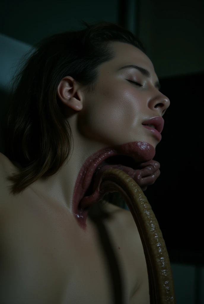 high quality scene from a movie. A gorgeous woman has an alien tentacle shoved own her throat. The stunningly attractive woman has a tube shoved down her throat. The tentacle is deep down her throat. Scene from a sci fi movie. Her eyes are closed. She has high resolution sweaty skin. Stunningly attractive woman with a tentacle shoved down her throat. Cinematic lighting. High quality shot.