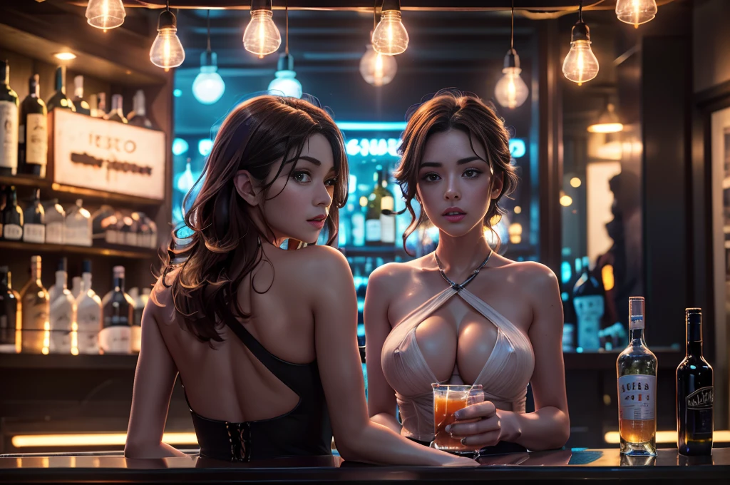 Cute sexy woman, Fluffy and messy light gray-brown curls, Natural relaxing posture, Delicate and clean makeup, Have a nice chat with friends, The background is a dark tavern at night, Mood lighting, low tune, Cinematic images, Photographed by a Kodak camera, in a panoramic view, High quality,Broken, (2heads:1.5)