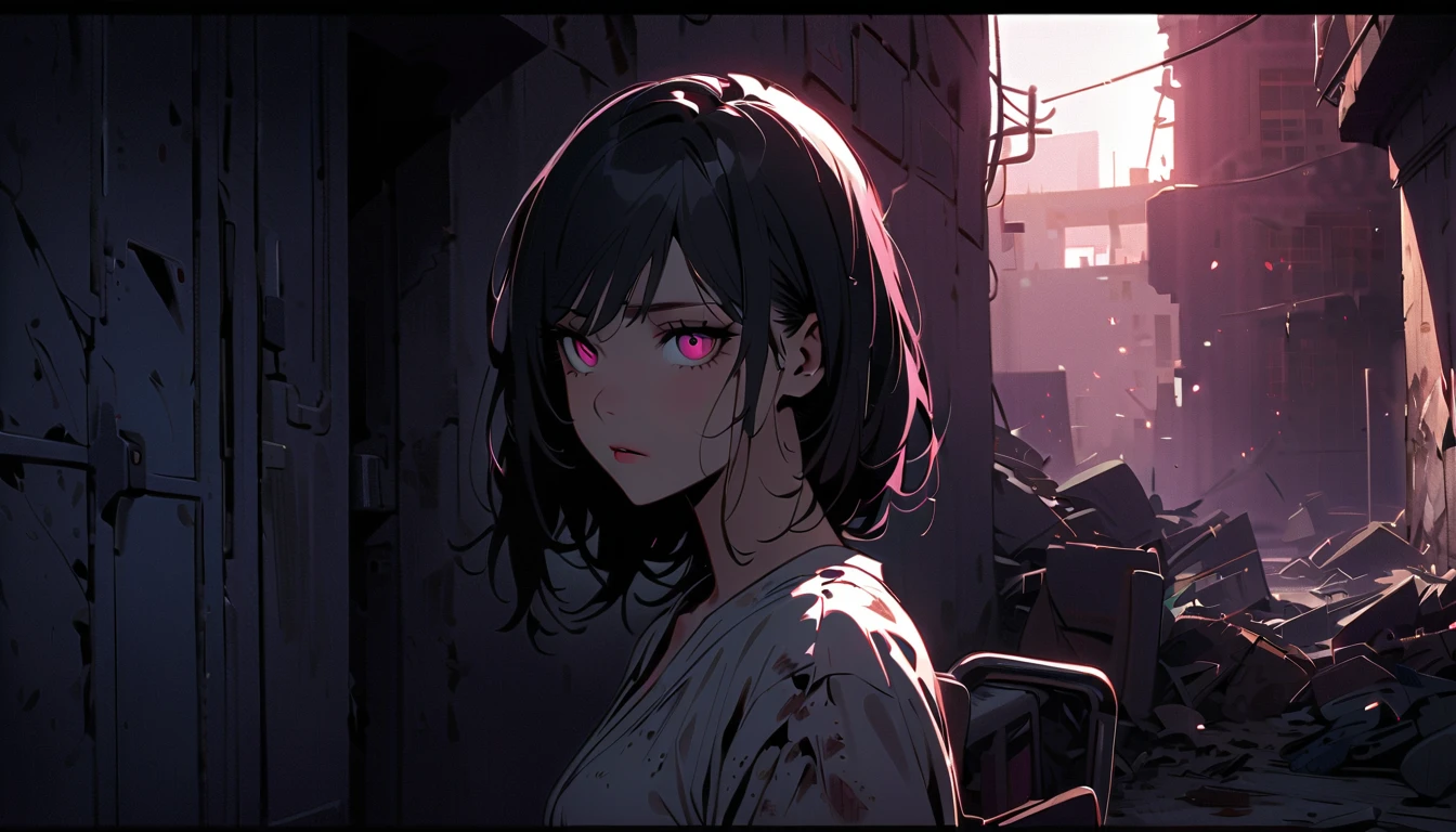 A beautiful anime girl with short,messy black hair featuring purple inner highlights,heterochromia eye,C-cup breasts,wearing a black trench coat,white shirt,black skirt,swallow smile with some blood in her left corner,a knife scar in her left eye,hand in pocket,extremly cold expression,a little blood in her face,detailed facial features,dramatic lighting,cinematic angle,vibrant colors,intricate background,highly detailed,masterpiece,photorealistic,raining,dark style,full body