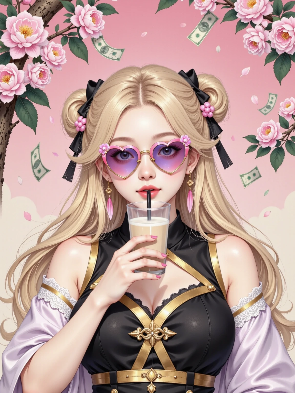 The beautiful girl Shui Bingyue is wearing a black vest, a golden heart-shaped necklace, blond hair, and heart-shaped pink and purple sunglasses. She is holding a cup of milk tea in her mouth. There is money floating in the sky above the screen. "You will be rich" written in the blank space, with black and pink background