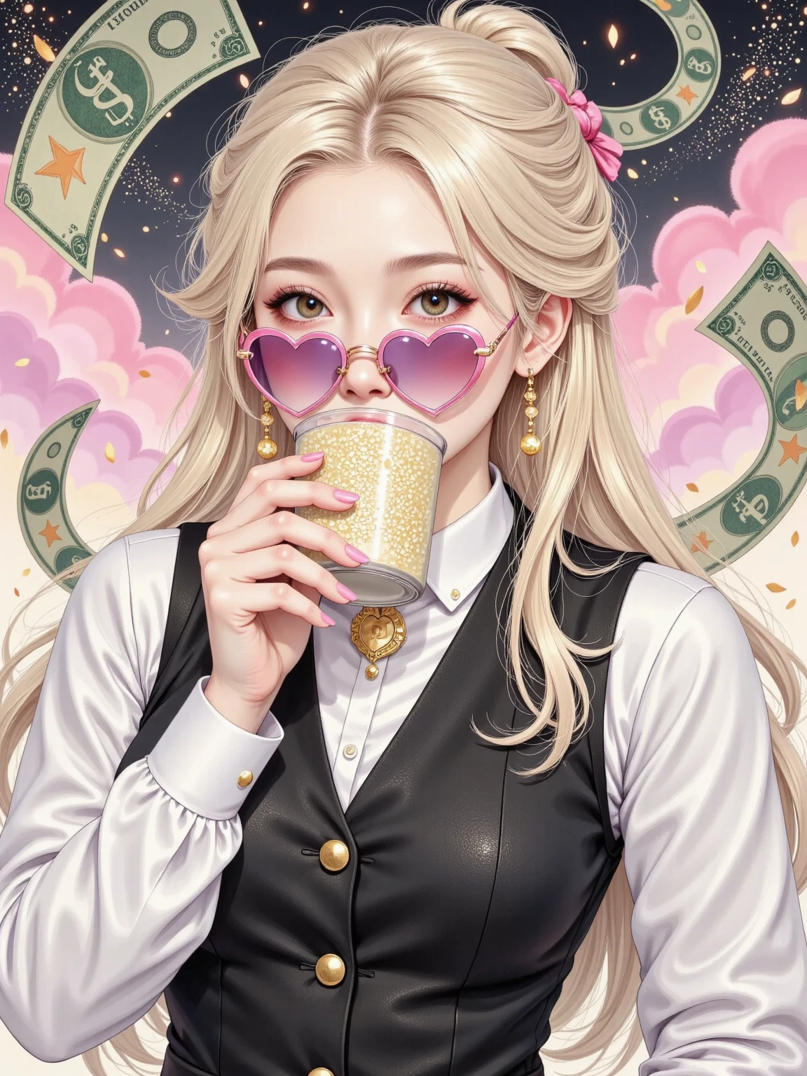 The beautiful girl Shui Bingyue is wearing a black vest, a golden heart-shaped necklace, blond hair, and heart-shaped pink and purple sunglasses. She is holding a cup of milk tea in her mouth. There is money floating in the sky above the screen. "You will be rich" written in the blank space, with black and pink background