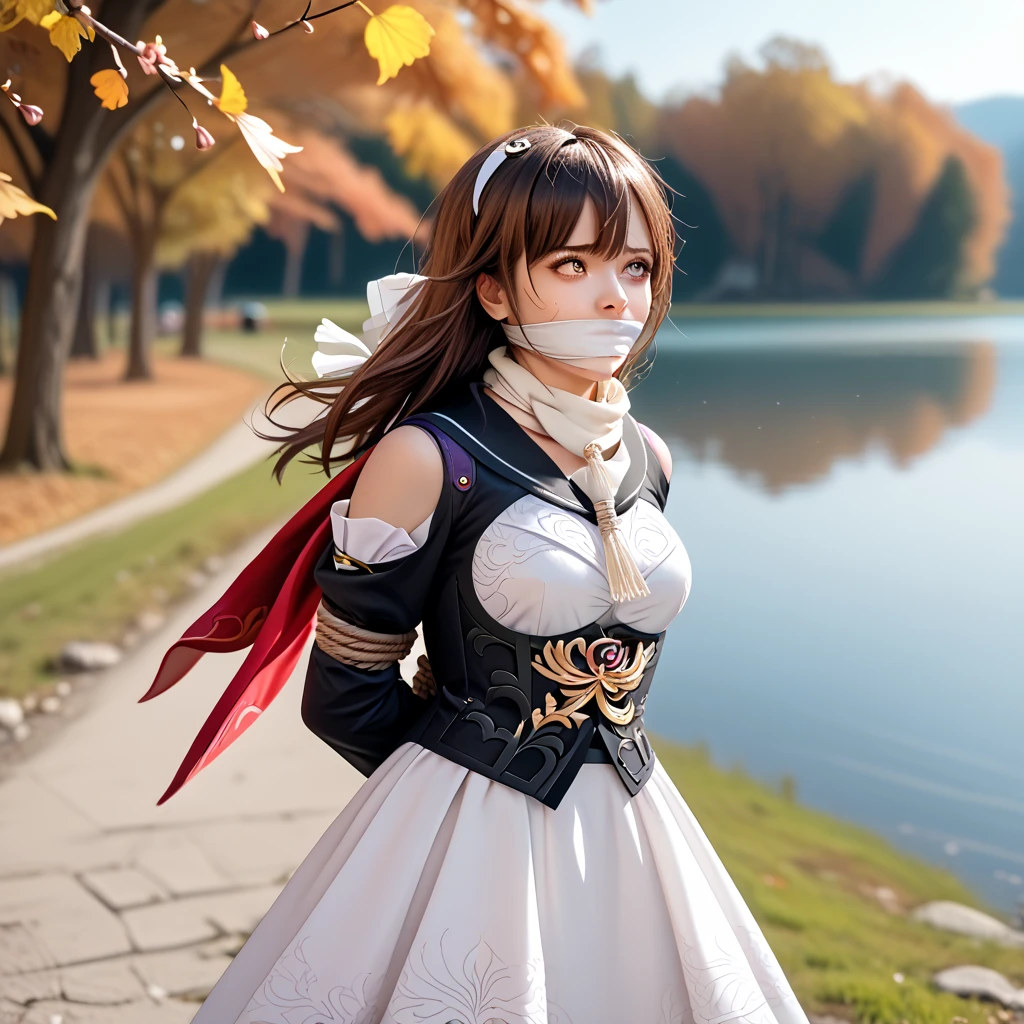 photorealistic, (4k), depth of field, (Masterpiece), (realistic skin texture), extremely detailed, intricate, hyper detailed, professional photography, bokeh, high resolution, sharp detail, best quality, girl, loli, Sushang, hair between eyes, brown hair, long hair, yellow eyes, white scarf, scarf, long scarf, black sailor collar, white dress, detached sleeves, corset, gloves, dynamic pose , lake, stream, outdoors, autumn, wind, ((arms tied up)), ((Wrists tied behind back)), bondage, white otm gaggged, gagged, otm gag, struggling, panic, struggle, shaking, saliva, sweat, looks away, my POV,