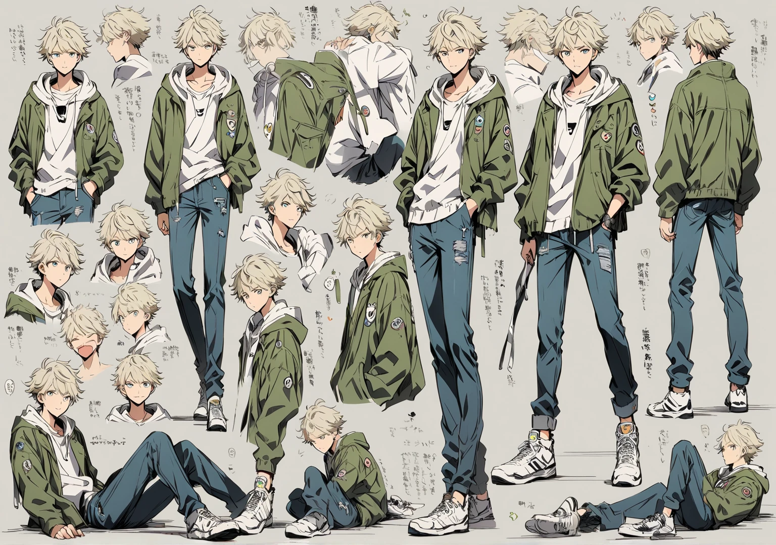  Anime boy,high,handsome, Detailed ,adult,Rebellious almost white blonde hair,  with a white sweatshirt with a gray sweatshirt , an olive green jacket ,  in denim pants ,white tennis shoes,  with different poses of standing sitting lying down etc. ,  with different expressions of happiness, angry, sad, etc.,  character design ,concept art, professional illustration , with grey background,  full body a little long 