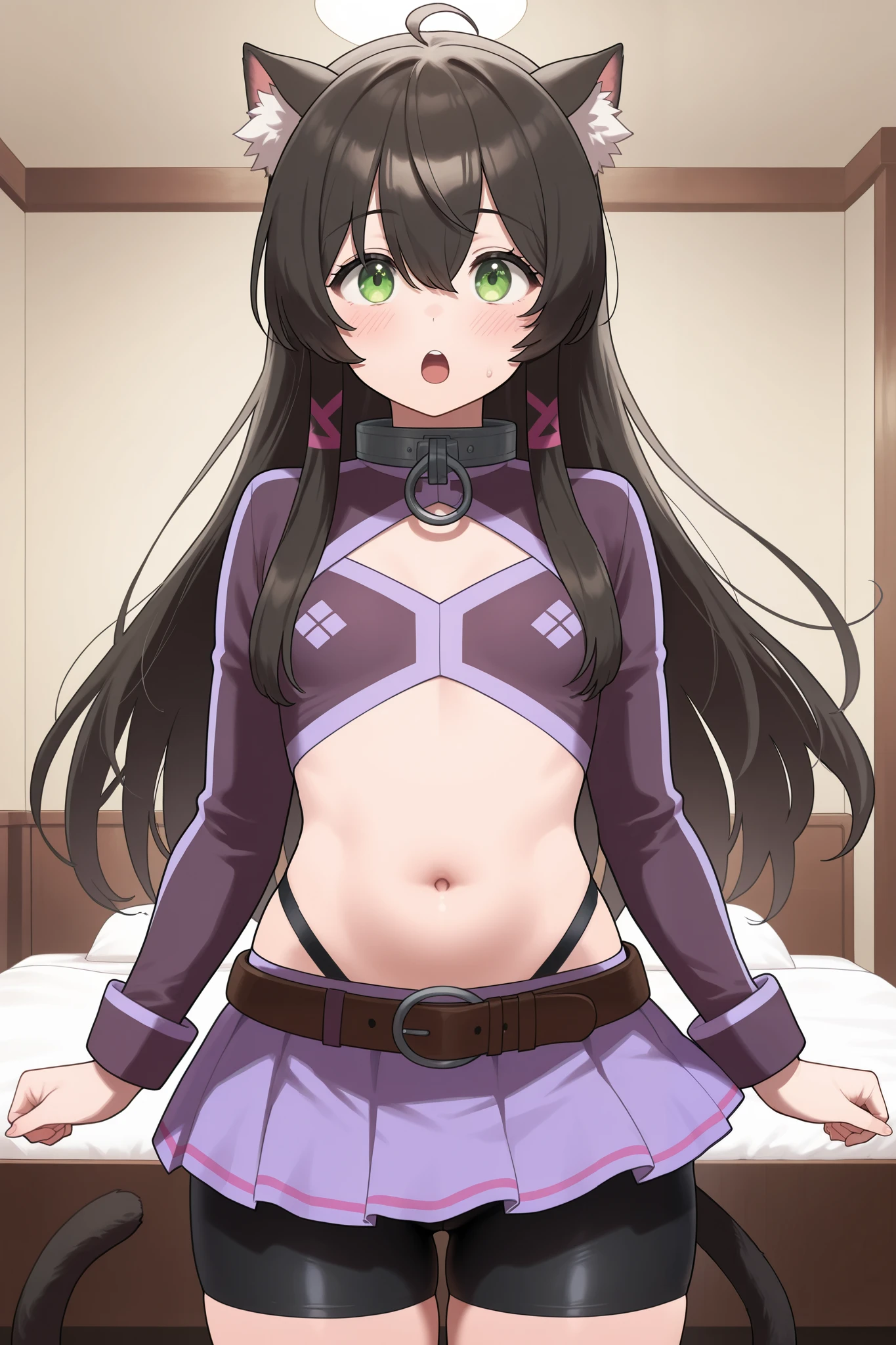 NSFW,masterpiece, best quality , High Resolution , very detailed,Rem Gallew 、 long hair、bangs、 black hair、 animal ears 、 hair between your eyes、非常に long hair、 green eyes、tail、 side lock、Cat ears、 cat's tail、 animal ears の毛, little chest, skirt 、 Long Sleeve 、belly button、プリーツ skirt 、 Shorts 、abdomen、belt、ミニ skirt 、stomach、collar、 bike shorts、紫色の skirt 、 skirt の下に Shorts 、beltポーチ、 skirt の下に bike shorts,inn, Fantasy, Bedroom, skirt リフト, excited