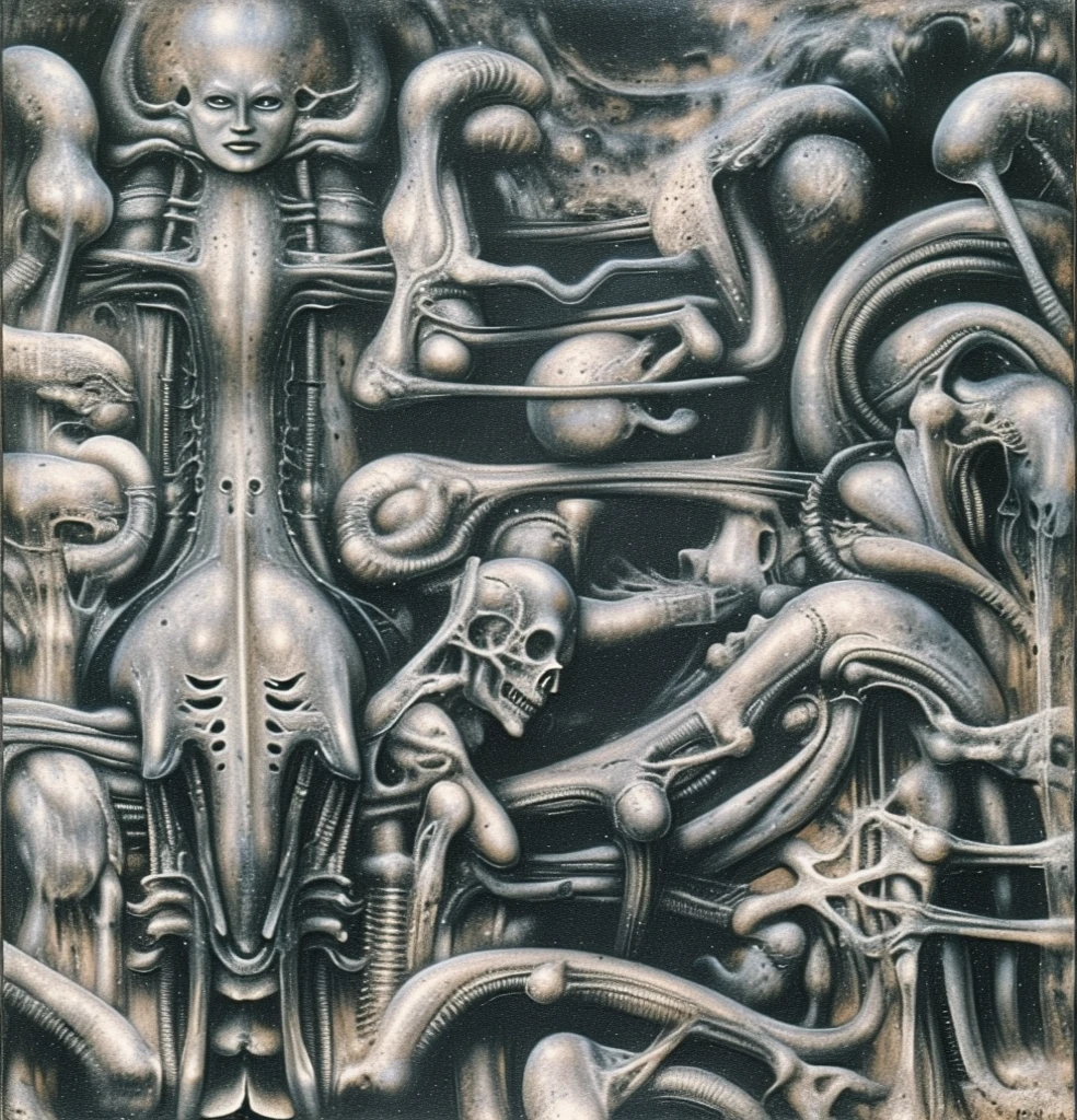 Giger_style, The image is a detailed view of H.R. Giger's \" chakhmate \" plate, Create biomechanical tableau in h r giger's style. It is called “Schachmatt” (Checkmate) by H. R. Giger and was created in 1979. The tableau depicts a nightmarish Thanksgiving dinner scene. A skeletal family sits around a table overflowing with grotesque food items. The skeletal figures are all different shapes and sizes, and they are posed in a way that suggests tension and unease. The table is made of bone, and the chairs are made of twisted metal. The food on the table includes rotting flesh, bones, and other disturbing items The painting is a nightmarish biomechanical scene. In the center of the composition is a chessboard with several chess pieces scattered around it. The background is filled with industrial pipes and tubes. The overall feel is one of decay and desolation. Giger’s signature artistic style, biomechanical surrealism, is on full display in this piece. Biomechanical surrealism combines human anatomy with machines. The skeletal figures in the painting are fused with mechanical parts, creating a disturbing and unsettling effect. Here’s a more detailed description of the composition: In the center foreground is a metallic chessboard with several metallic chess pieces scattered around it. To the right of the chessboard is a skeletal figure hunched over tribune. The art performance showcases the artist’s skills in observation and rendering. The level of detail in the piece suggests a close study of real bone specimens and anatomy. The artist has skillfully used shading techniques to create a convincing illusion of three-dimensionality on a flat surface.The wrinkles and cracks in the surface, and the cast shadows with accuracy, used shading techniques to create a realistic depiction of light and shadow on the objects. This creates a sense of depth and dimension in the image The style is clearly biomechanical. Features combination of organic and mechanical forms