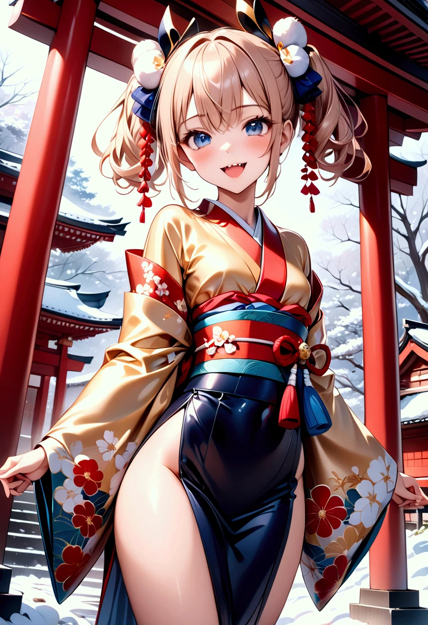 Masterpiece:1.9, ((super fine painting)), ((4k very detailed)), (((very high resolution))), top quality, expressive eyes, perfect face, girl ((beautiful girl: 1.9, petite:, small face, cute: 1.9,)), long hair ((blond hair, straight hair, bun hair, twin tail, hairpin)) (Japanese clothes, sunny, black, gold thread, gorgeous, flower pattern (higanbana, red),)) goddess, cheerful, shrine, night, moon, fair day, ((chocolate banana))),