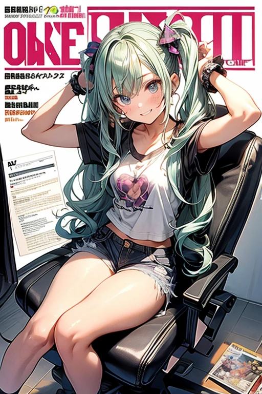 (masterpiece), (best quality), detailed, 1 girl, soro, twintails, long wavy hair twintails.hairs between eyes,dark green eyes ,dark green hair, smile, masterpiece, best quality, newest, (from below:1.2),(perky chest:1.2), (pointed chest:1.2),(from below:1.2,Best Quality),a girl , platinum color hair、bartender uniform,Purplish blue eyes that dreamers desire, ((Otaku girl)),gloomy, messy hair, hair over eyes, long hair, blushing face,armpits hair, (harf sleeve t-shirt),shorts, sitting on gaming chair, dirty room,playing PC-game,small breasts, skinny,open mouth, (otaku game magazine cover:1.3),(with sparkling eyes and a contagious smile),her thin pubic hair:1.2, looking at viewer


