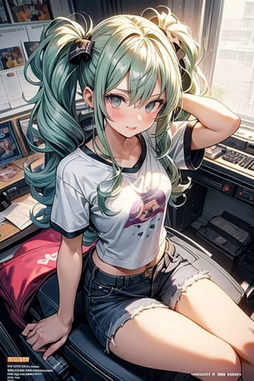 (masterpiece), (best quality), detailed, 1 girl, soro, twintails, long wavy hair twintails.hairs between eyes,dark green eyes ,dark green hair, smile, masterpiece, best quality, newest, (from below:1.2),(perky chest:1.2), (pointed chest:1.2),(from below:1.2,Best Quality),a girl , platinum color hair、bartender uniform,Purplish blue eyes that dreamers desire, ((Otaku girl)),gloomy, messy hair, hair over eyes, long hair, blushing face,armpits hair, (harf sleeve t-shirt),shorts, sitting on gaming chair, dirty room,playing PC-game,small breasts, skinny,open mouth, (otaku game magazine cover:1.3),(with sparkling eyes and a contagious smile),her thin pubic hair:1.2, looking at viewer


