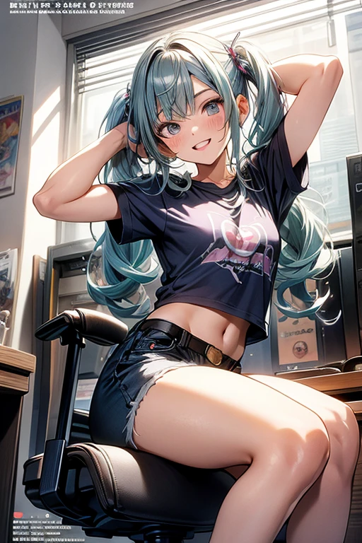 (masterpiece), (best quality), detailed, 1 girl, soro, twintails, long wavy hair twintails.hairs between eyes,dark green eyes ,dark green hair, smile, masterpiece, best quality, newest, (from below:1.2),(perky chest:1.2), (pointed chest:1.2),(from below:1.2,Best Quality),a girl , platinum color hair、bartender uniform,Purplish blue eyes that dreamers desire, ((Otaku girl)),gloomy, messy hair, hair over eyes, long hair, blushing face,armpits hair, (harf sleeve t-shirt),shorts, sitting on gaming chair, dirty room,playing PC-game,small breasts, skinny,open mouth, (otaku game magazine cover:1.3),(with sparkling eyes and a contagious smile),her thin pubic hair:1.2, looking at viewer


