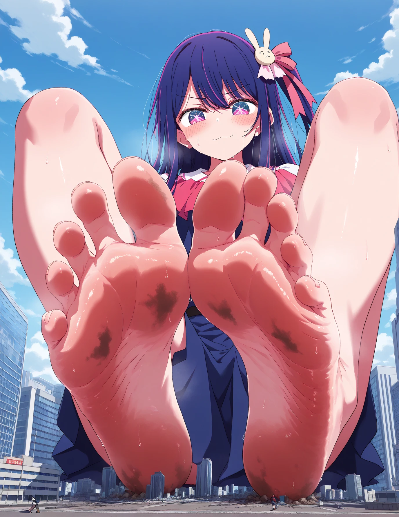 (masterpiece) , best quality, amazing quality, 1girl, Ai Hoshino, Hoshino Ai, long hair, sadistic and satisfied, Oshi No Ko, hot breathe, dirty feet, Ai Hoshino, feet focus, giantess, crushing people with foot, extremely dirty feet, city, crushing city, pov from tiny person thats about to be crushed, full view of Ai Hoshino,