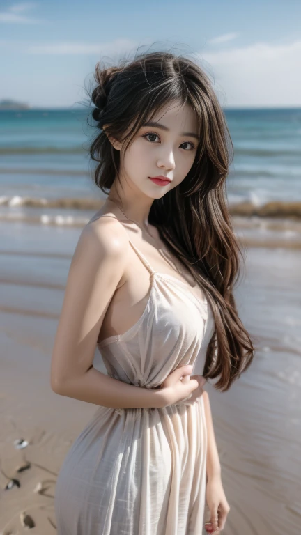  best quality ,Masterpiece, ultra high definition,(:1.4),  Original Pictures , Ultra Fine，8k，Perfect young woman ， in the dark ， HD， black hair，Long hair flowing down my shoulders ， beach wave hairstyle，Moist red lips， real human ， cg rendering