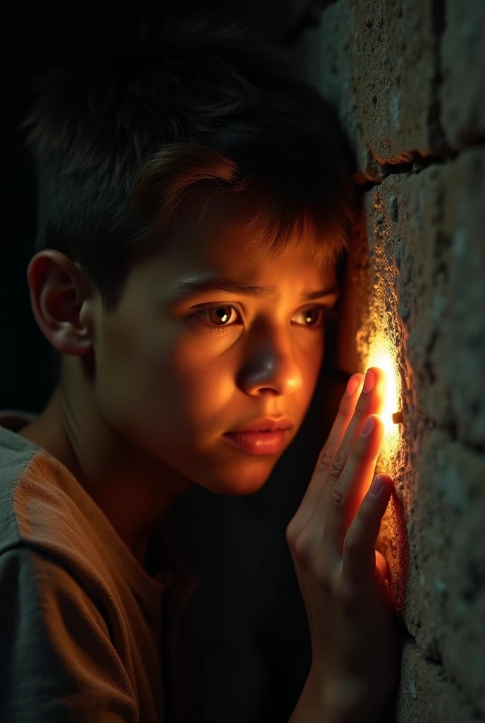 a teenage boy, with intense expression on his face, wearing an FBI agent uniform, passionately cradleing a wounded girl in her bra and underwear, in a dimly lit basement. The boy's eyes show determination and resolve, while his hands support the girl gently. The girl's face is covered in blood, displaying pain and vulnerability. The basement is filled with shadows, creating a dark and mysterious atmosphere. The realistic rendering of this scene captures every detail, from the boy's sweat on his forehead to the texture of their clothes. The lighting accentuates the emotional intensity, with soft rays of light casting dramatic shadows.