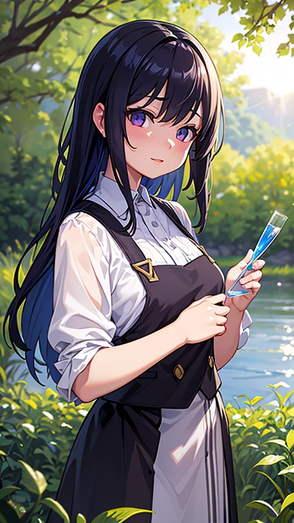 最high quality, high quality, Super detailed, 16K, Ultra-detailed details, pretty girl, alone, beautiful purple hair, Beautiful purple eyes, Big Breasts, A light smile, 赤い目, オフショルダー ノースリーブ Summer clothes, Summer カジュアル Maid clothes, I'm lifting my skirt, Blue and white color striped underwear(Showing her underwear under her skirt), Black knee socks, My crotch is wet with love juice, 18歳,かわいい, {{The master steals the face and voice of the girl he likes, then lifts up her skirt with the girl&#39;s face and voice to seduce the master.}}, ((Full body image:1.3)), NSFW