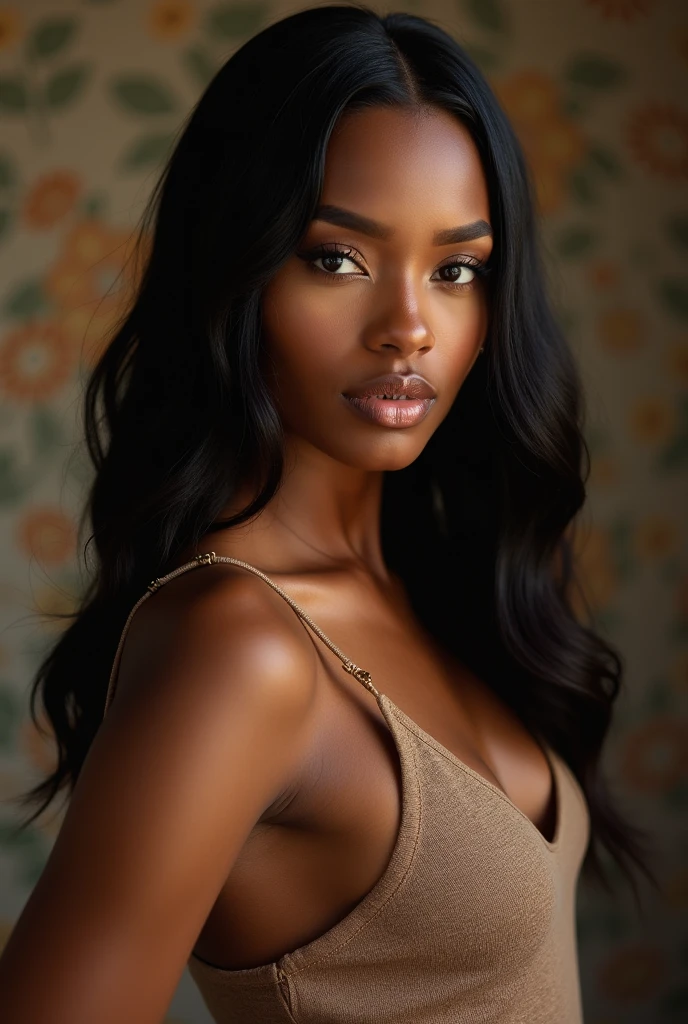 (photoréalisme: 1.2), femme noire, sexy et chaude dans une pose dynamique sexy. Photographie de portrait brut, visage hyper réaliste et détaillé, texture de peau complexe et réaliste, Corps athlétique, souriant, Longs cheveux noirs bouclés, réceptionniste en chemise blanche décolleté, de face