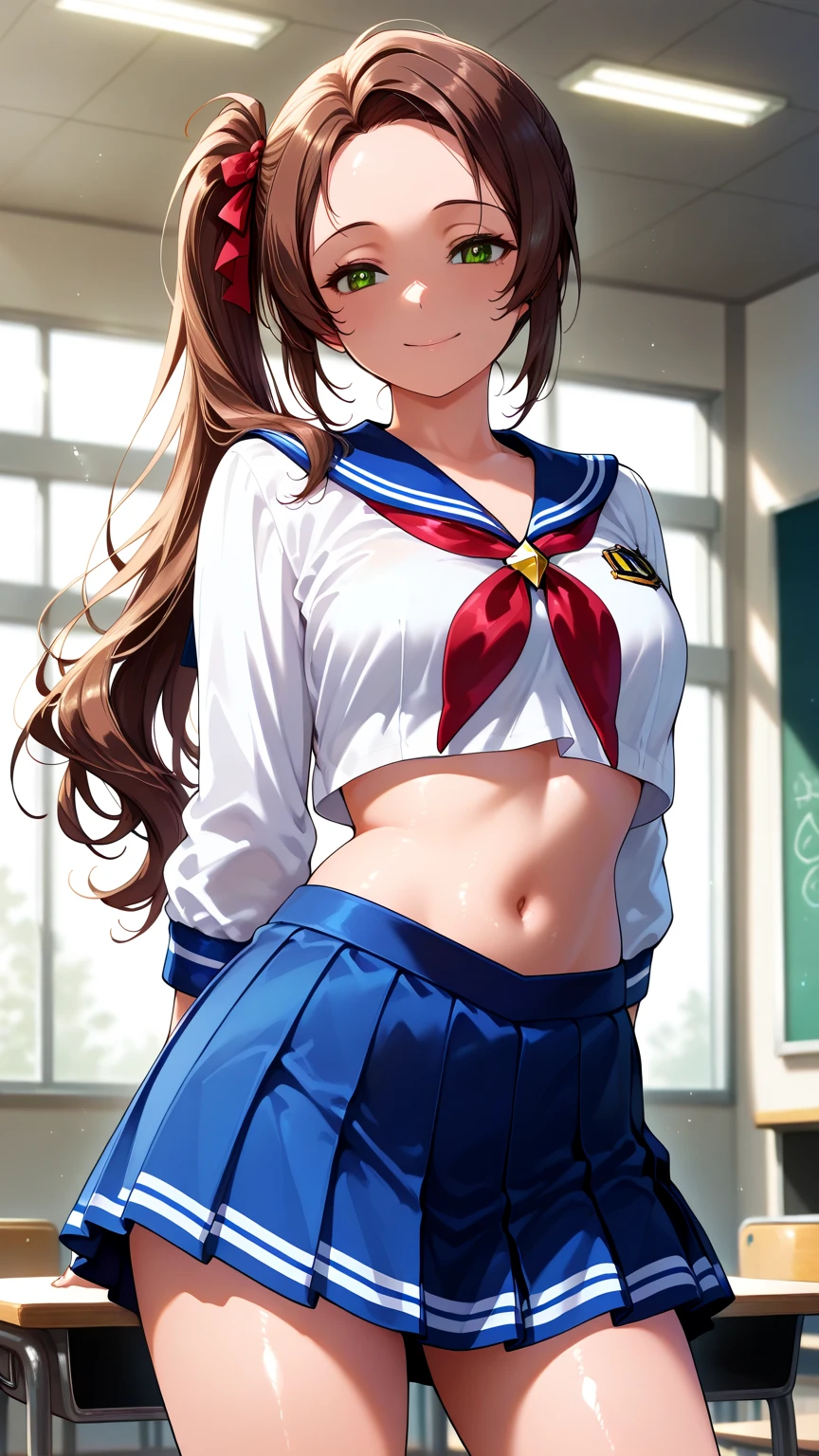 masterpiece, best quality, vibrant, very aesthetic, high contrast, semirealistic, newest,  cinematic-lightning, Enhance colors to maximum saturation, shiny skin, slender, 1woman, detailed face, detailed eyes, green eyes, slightly smile, semi-long hair, dark brown silky hair, forehead, sliced back hair, side ponytail, contrapposto, hands behind back, navel, Captivating thighs, knee, classroom, (sheer crop top white shirt), sailor suit, pleated skirt, red ribbon tie