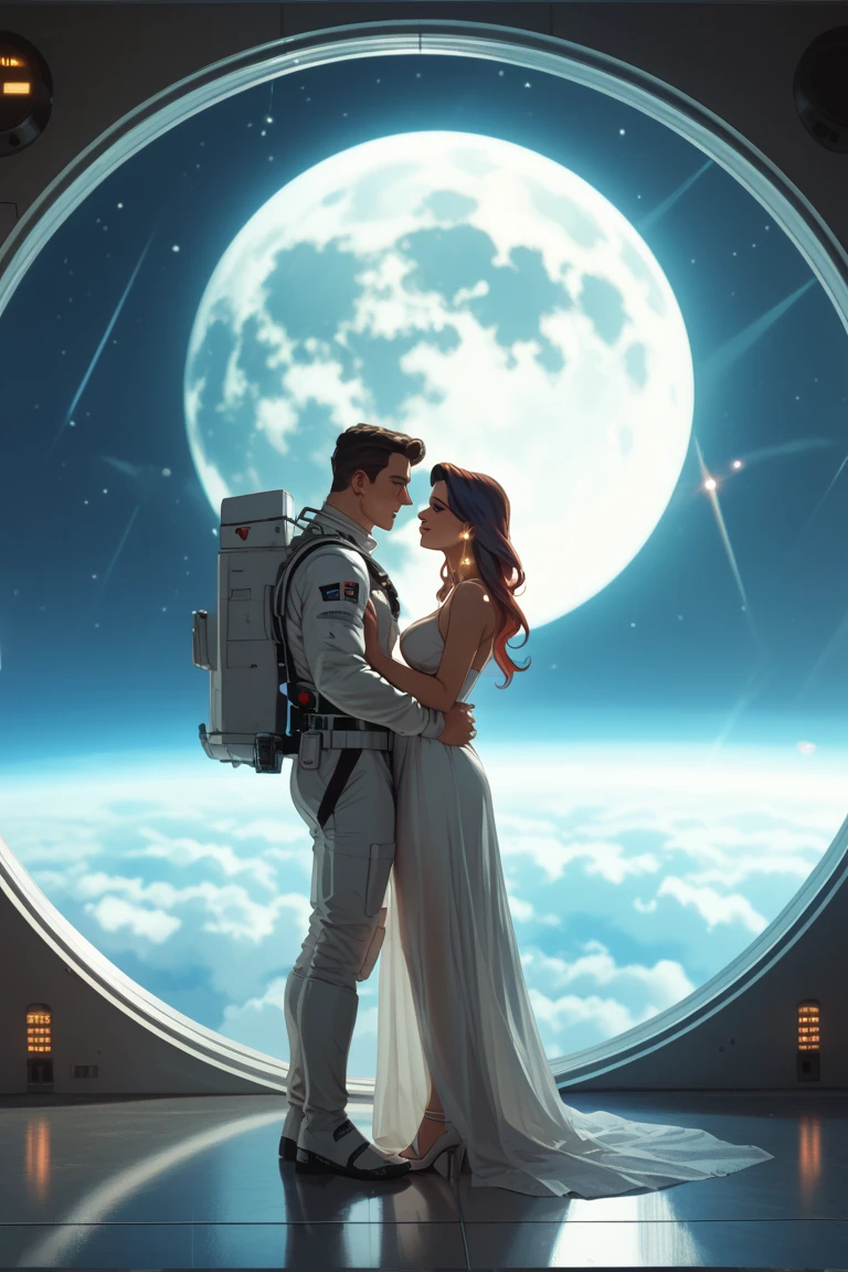 A couple of lovers walking on the moon and contemplating the vast outer space with stars and comets, masterpiece, best quality, ultra-detailed, floating scene, light white clothes, loose hair, slightly embraced air, soft light, melancholic feelings