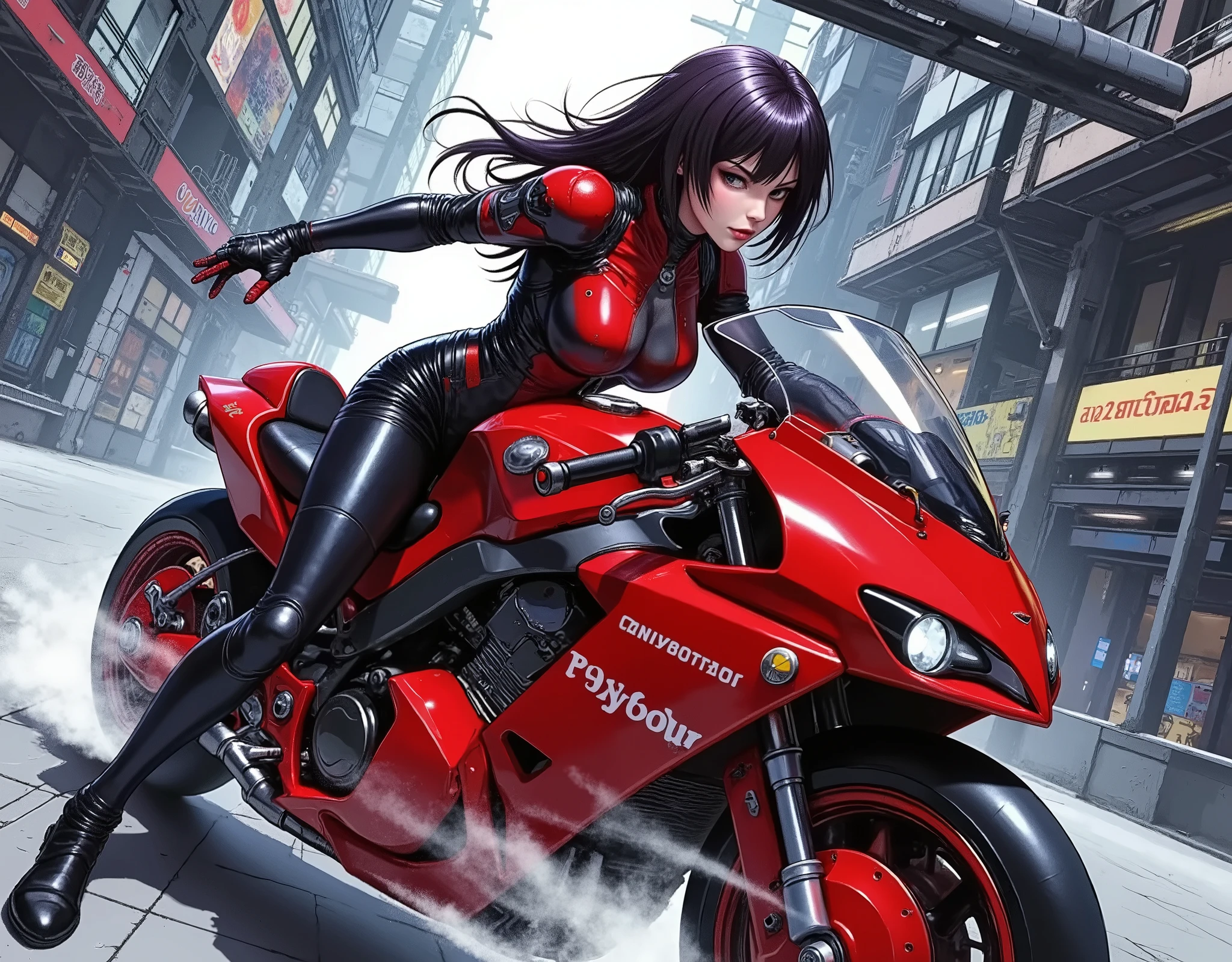 Masterpiece, excellent quality,Milonish, Cinematic experience , very detailed, best illustration, Ultra Fine,16k, wallpaper, 1 Woman , cyberpunk , android woman riding a red motorcycle, beautiful faces, beautiful eyes, detailed facial description , hair ,Serious, sexy, hair , dynamic angle ,The background is cyberspace