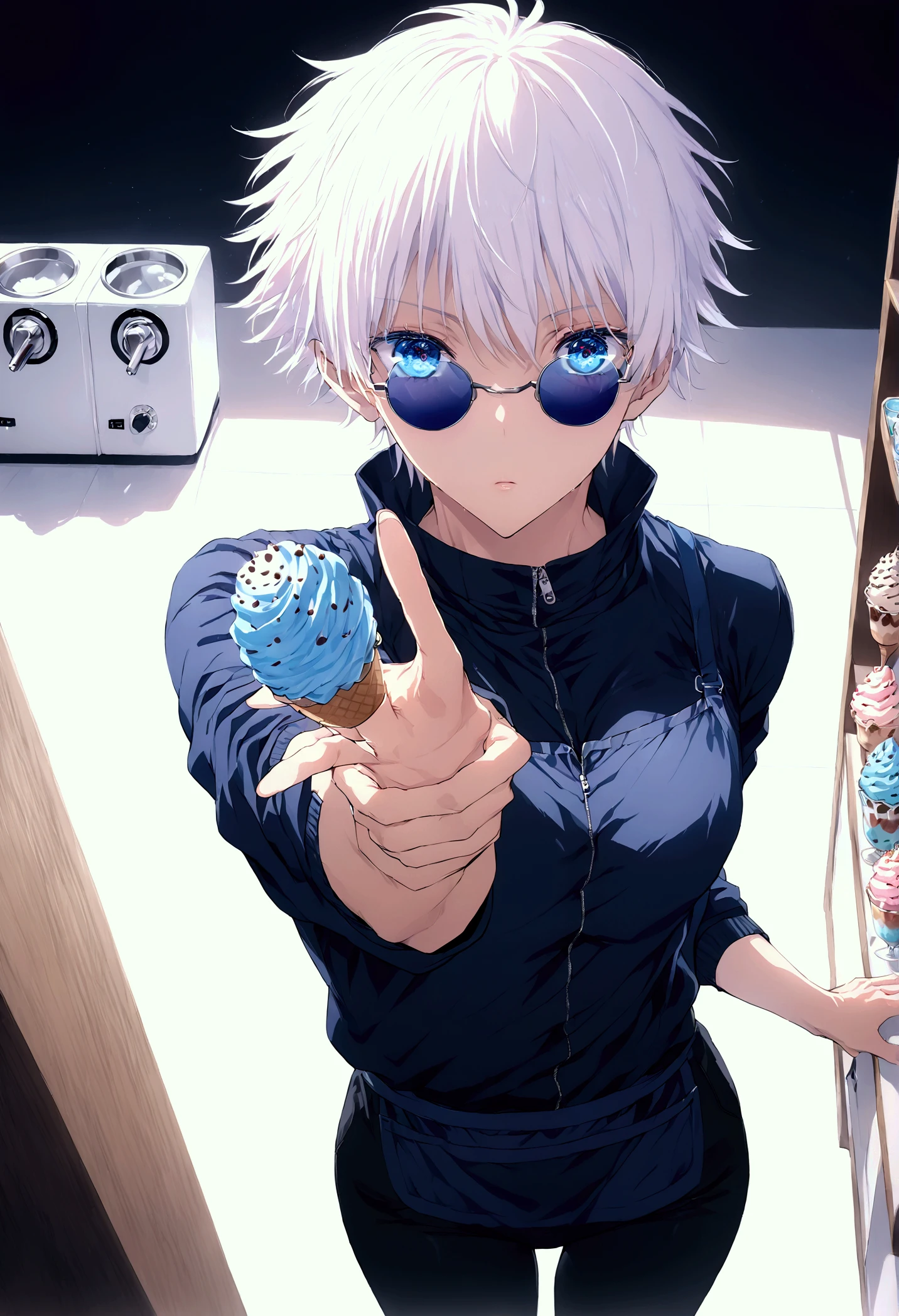 (masterpiece), best quality, expressive eyes, perfect face, 1 boy, Satoru Gojo,blue eyes white hair, wearing apron a dark blue zip-up jacket with a high collar, slim-fit black pants sunglasses, and black dress boots, ice cream in his left hand, white ice cream, standing behind a counter with a ice cream maker, masterpiece, best quality, anime artwork, anime style vibrant, studio anime, highly detailed, black background 