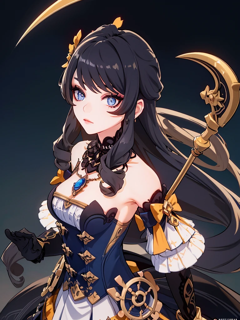 long dark blue hair. eyes pupils as a crescent moon. dark blue and black dress (sane design as yor forger) body type similar to maki zenin shibuya arc. a crescent scythe style for a weapon. make her face look deadly. background will be a crescent moon.