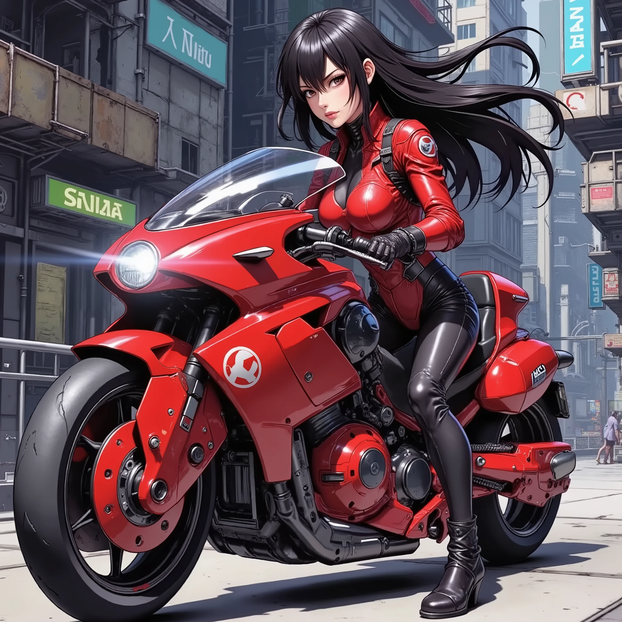 Masterpiece, excellent quality,Milonish, Cinematic experience , very detailed, best illustration, Ultra Fine,16k, wallpaper, 1 Woman , cyberpunk , android woman riding a red motorcycle, beautiful faces, beautiful eyes, detailed facial description , hair ,Serious, sexy, hair , dynamic angle ,The background is cyberspace