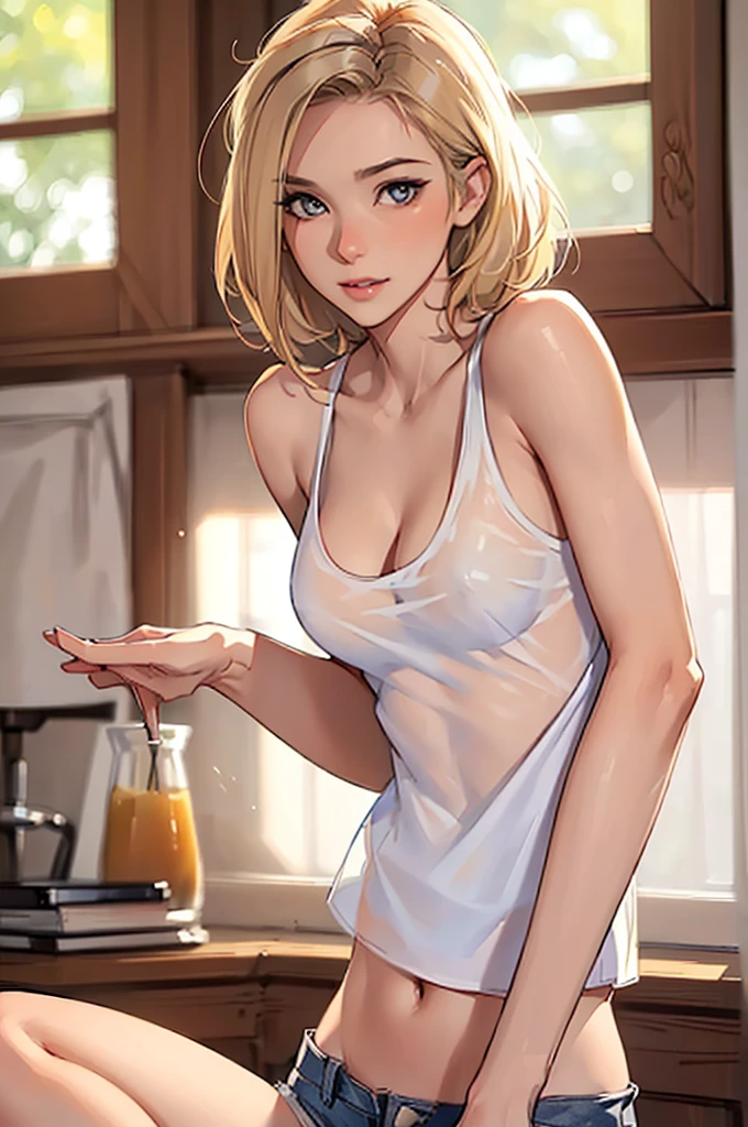 Browsing Caution,(Petite),((Cute man's daughter)),(Breast Size C Cup),((Groin bulge)),seiza,Blonde woman with low pigtails,lips,Sweat,White Breath,Tank top,The gaze of the viewer,Changing clothes