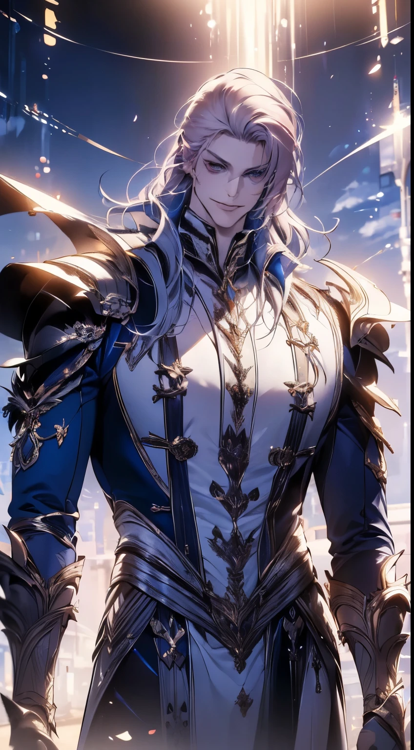 (best quality,4k,8k,highres,masterpiece:1.2),ultra-detailed,(realistic,photorealistic,photo-realistic:1.37),1 man,3,mature man,very handsome,without expression,smile,short grey pink hair,blue eyes,penetrating gaze,perfect face without errors,imposing posture,businessman,office background,cinematic lighting,hdr image