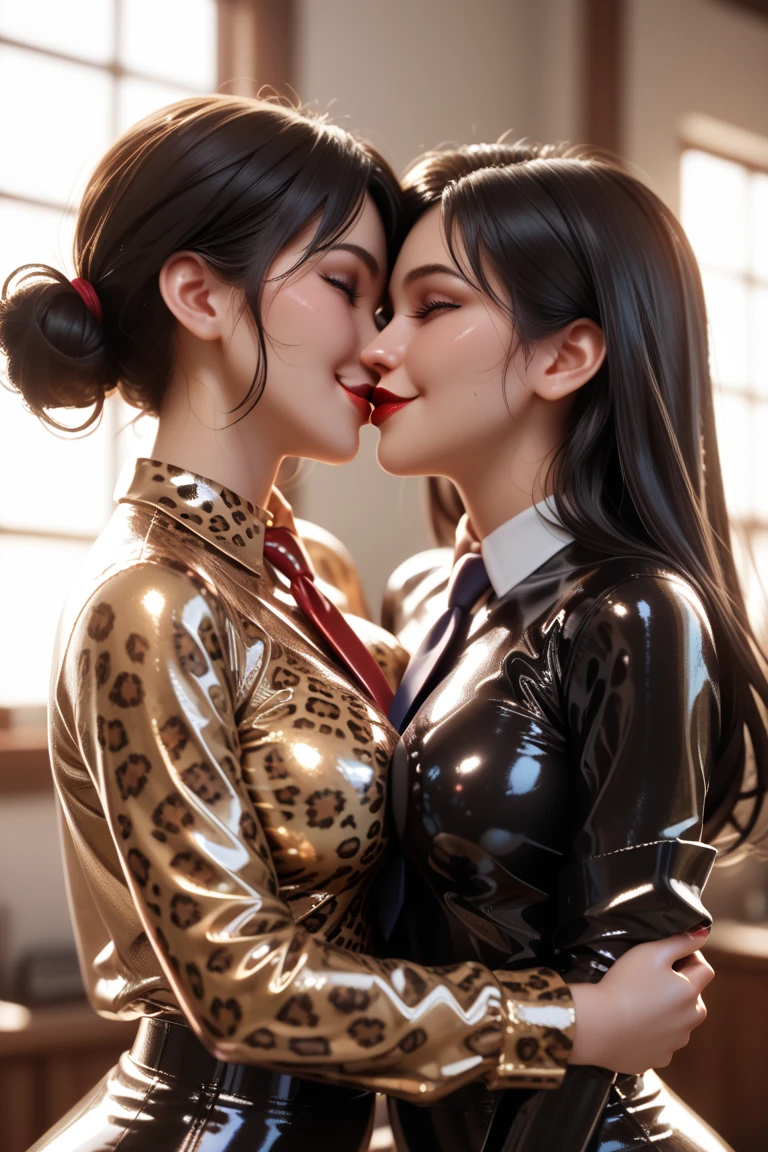 2 gothic s, one with black pigtails and the other with long yellow hair and a very defined purple and yellow latex suit, one with small bust sizes and the other with a large bust, semi-naked kissing and touching their private parts and having an orgasm