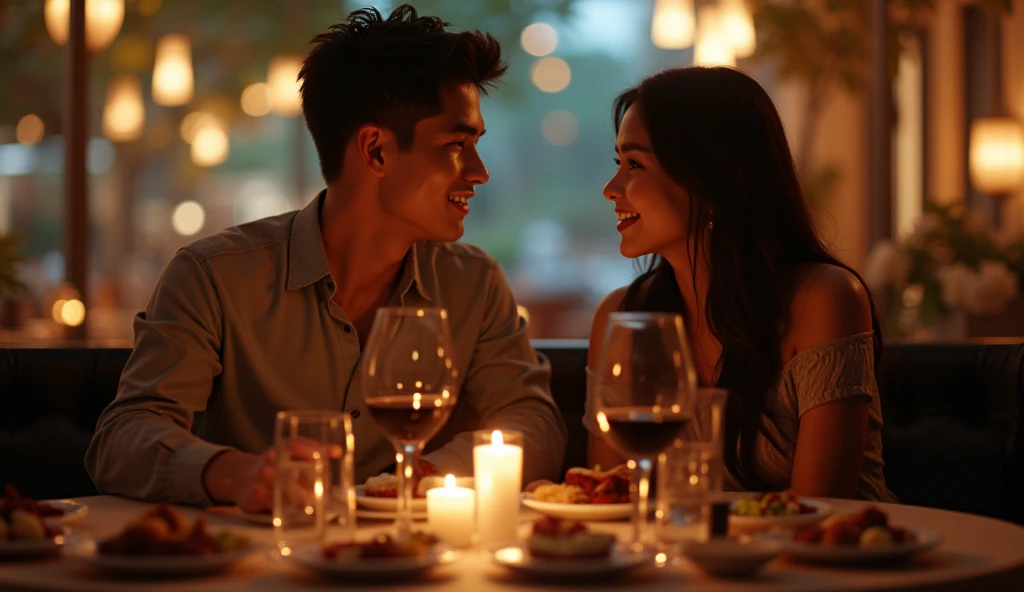 (Realistic:1.2),(masterpiece,Highest quality),8k,((men and women)),Age 35,37 years old、最高のsmile、Happy Couple, Full course dinner at the table、Wine Party、wine glass、White wine、sparkling wine、red wine、Upper Body、Tight waist,Perfect Anatomy, Brown Hair, short hair,Random Hairstyles,Amazing view of the sunset sky and clouds、Long sleeve shirt、dress,((Highly detailed face and eyes:1.2))(Cute Face:1.4),Beautiful actress face,Perfect golden ratio face,woman'suit、Nice,(smile:1.2)、