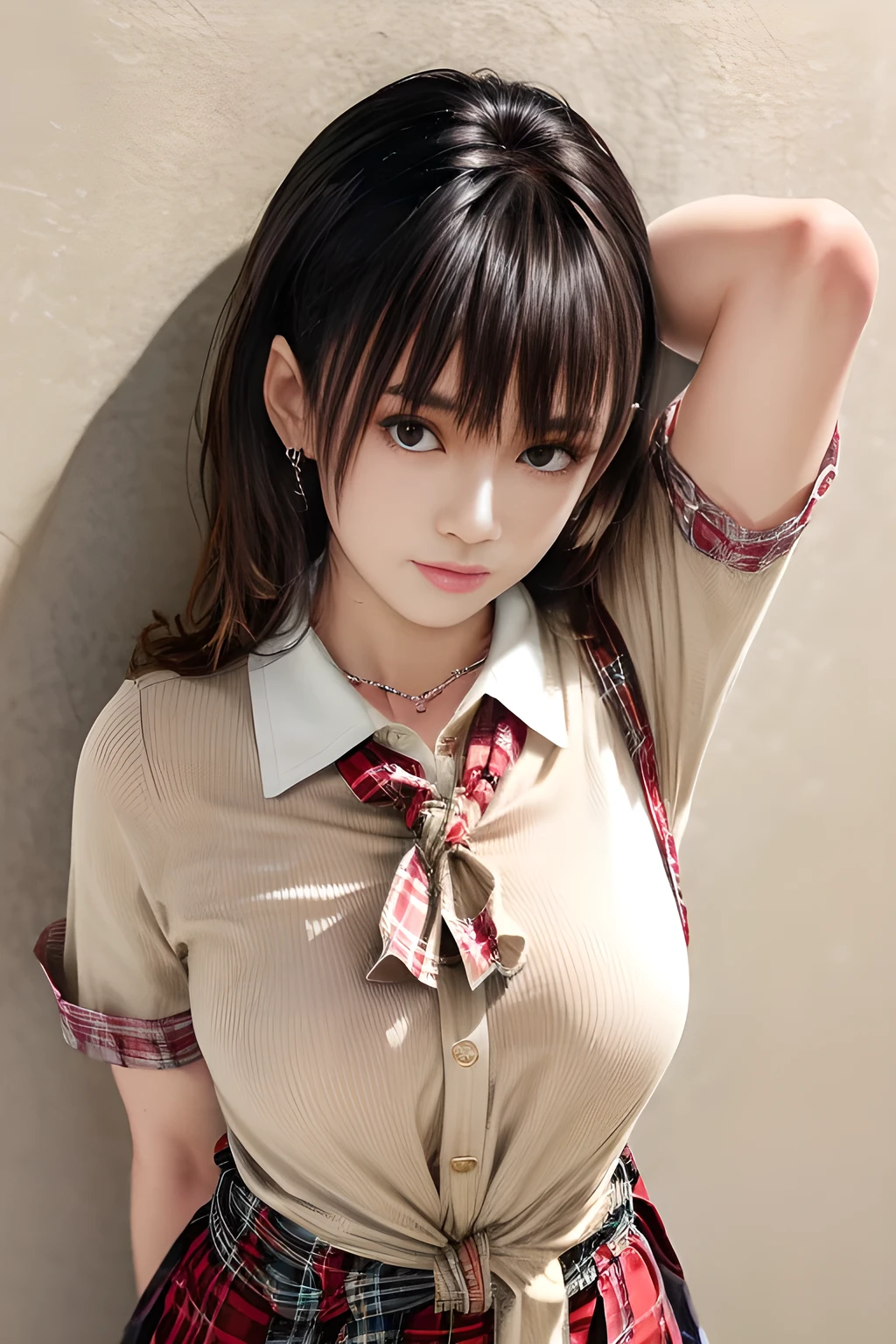 1girl,(school uniforms:1.3), (beige solid-color clothes around waist:1.5), (knot on waist:1.3), (white collared-shirt:1.4), ((white collar, unbutton, short sleeve):1.2), (red plaid-pattern pleated-skirt:1.3), ((necklace, colorful bracelet, X hair ornament):1.2), ,huge breasts,(masterpiece:1.4),( best quality:1.4), cowboy shoot