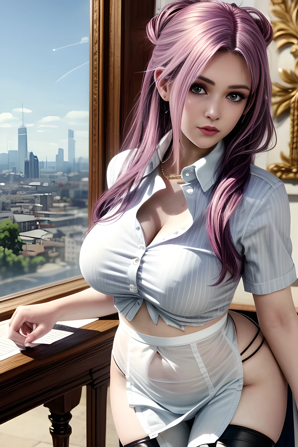 (best quality, 8k, highres, photorealistic:2.0), (solo, one girl:2.0),(lighting: strong),(lighting: front),(very muscular girl:2.0),(bodybuilder girl:1.5),(shiny skin:1.5),(platinum pink hair color:1.5),(Bend your legs and open your thighs:1.8),(black loafers:1.5),(light blue blouse:1.6),(collar blouse:1.2),(long sleeve light blue blouse:1.3),((tight blouse:1.7)),(Emphasize cleavage:2.0),(short socks),(white socks:1.1),((blue pleated skirt)),((blue skirt)),((open blouse button)),((Wearing white underwear)),(bra is visible),((Girl leaning on an old leather sofa)), very beautiful Japanese girl, Blush brown makeup , dark eye makeup,(big eyes girl),(Place your lightly clenched right fist under your chin:1.8),(put your left hand on your knee:1.5),(girl with open mouth:1.4),(Instructing viewers to perform a self hand job:1.3),(Gesture to give you a hand job:1.3),(very smiling girl),(Instructing viewers to masturbate themselves:1.3),(Drooling and sucking gesture:1.6),(A girl who enjoys showing her panties to her viewers:1.8),