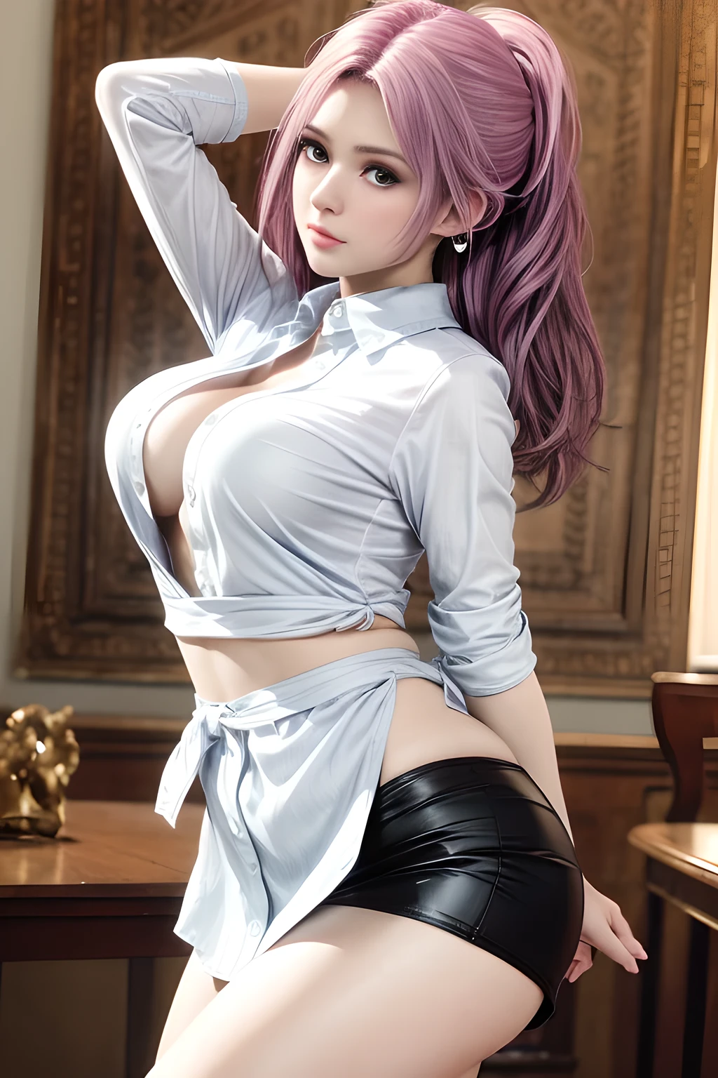 ((One Woman))、((Full Shot::1.6))(Digital art like a movie: 1.3), high quality, Tabletop, 最high quality, Super Detail, figure, [4K Digital Art]、 Indiasug nr, (Sharp focus: 1.5), (Moody lighting:1.2), Depth of written boundary, Bokeh, 4K 、High resolution, Super detailed, Highly detailed CG Unity 8k wallpaper, Realistic, Photorealistic, RAW Photos, 美しくDetailed face, Pale skin, Realistic glowing skin, Detailed cloth texture, Detailed hair texture, Perfect body, Beautiful Face, Acura, Anatomically correct, 非常にDetailed face, Eye and skin texture, Natural neck length, (Beautiful Eyes、Beautiful Hands), (Glowing Skin:1.2), Thin legs, Thin legs, Someone knowledgeable、Detailed face、Detailed Background、(nsfw:1.5), Slender body、((Small Ass、Thin thighs、Beautiful legs))、((((Blowjob gestures))))、(Colorful hair colors:1.9)、
Dramatic compensate、compensate、Pinky Pink Lipstick、eye make up、mascara、eyeliner、eye shadow、Rainbow color contact lenses、((Wearing a tight shirt and a short pencil skirt、Slit Skirt、woman with a bewitching 笑顔e)), Blurred Background、short hair, Detailed face, high quality, High resolution、office、office Lady、Beautiful Face、((((Sitting leaning back in a reclining chair:1.8))))、((((Spread your legs and show your panties:1.8))))、((((Sexy smile、Open your shirt to show your boobs:1.9))))、(nsfw:1.9)、(Raise both knees、Show the soles of your feet:1.8)