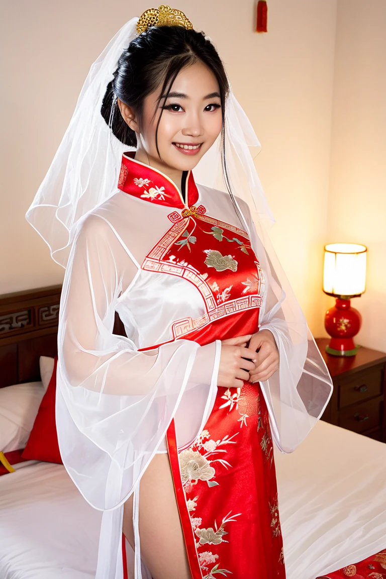 photorealistic image of the same 18 year old Asian female, slender build, wearing a traditional red Chinese wedding costume, intricate woven ornamental details, translucent white nightie showing beneath the sleeves, delicate and symmetrical facial features, slightly almond-shaped and expressive eyes, warm smile, long and dark hair tied naturally to fit the costume, framing her face beautifully, standing by the bed, soft and warm lighting, one hand removing her wedding veil, looking at the camera, feeling peaceful