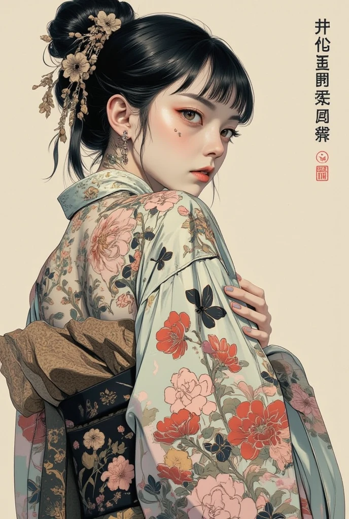 anime, artwork, Japanese woman with tattoo on her back, wearing kimono but showing her back, looking back, feminine gothic aesthetic, close details, detailed shot, clear details, artsy love blow style, silkscreen art, close photo, extra fine ink details, silkscreen print, highly detailed, vulgar