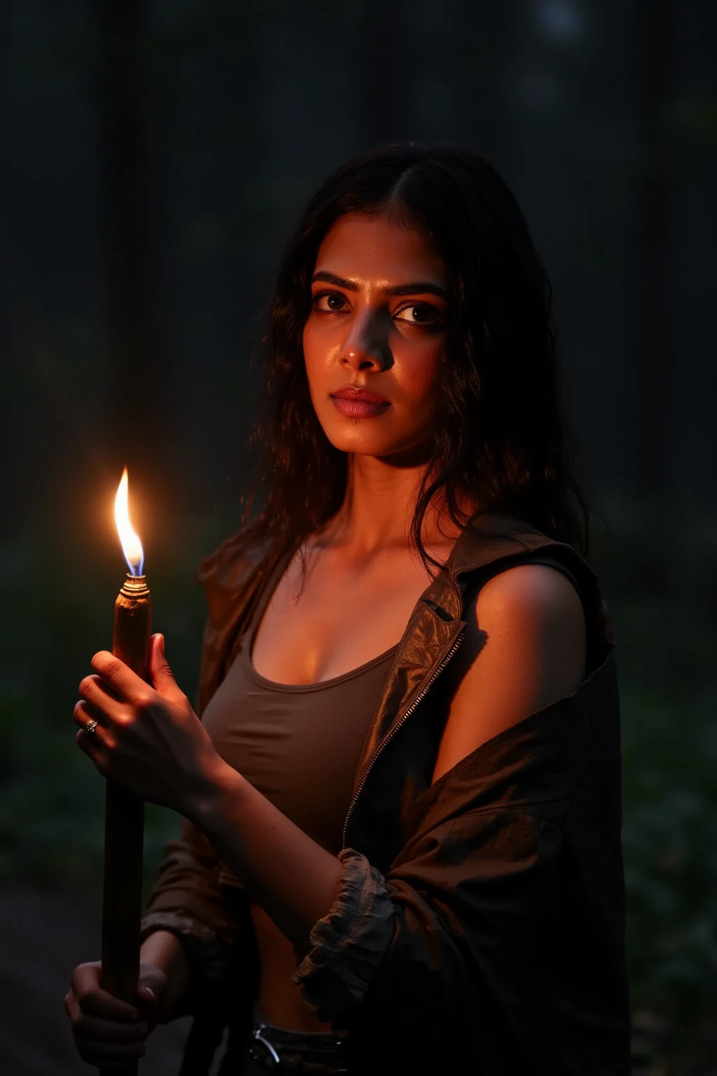 "Ultra-realistic digital art of a woman in a dark forest at night, wearing a rugged, weathered leather jacket with rolled-up sleeves over a damp tank top. Her clothes are slightly wrinkled and stained, clinging to her body from sweat and forest humidity. Her dark, sweat-covered skin glistens under the warm, flickering light of a small flame burning atop a rugged wooden stick she holds aloft. The light reveals fine details in her skin, from visible pores to faint freckles and scratches on her arms. Beads of sweat roll down her face, with messy, damp hair clinging to her forehead. The shadows from the flame create dramatic contrasts, leaving the surrounding forest in deep darkness, while her expression conveys fear and determination