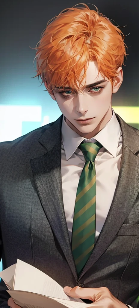 (Highest quality,4K,8K,High resolution,masterpiece:1.2),Super detailed,(Realistic,photoRealistic,photo-Realistic:1.37),1 person,31 years old,Mature Men,Beautiful skin、very handsome,Expressionless smile in love,Short  orange hair,green eyes,Sharp Eyes,A perfect face without a doubt,Businessman,Office Background,Cinema Lighting,HDR image,tie、