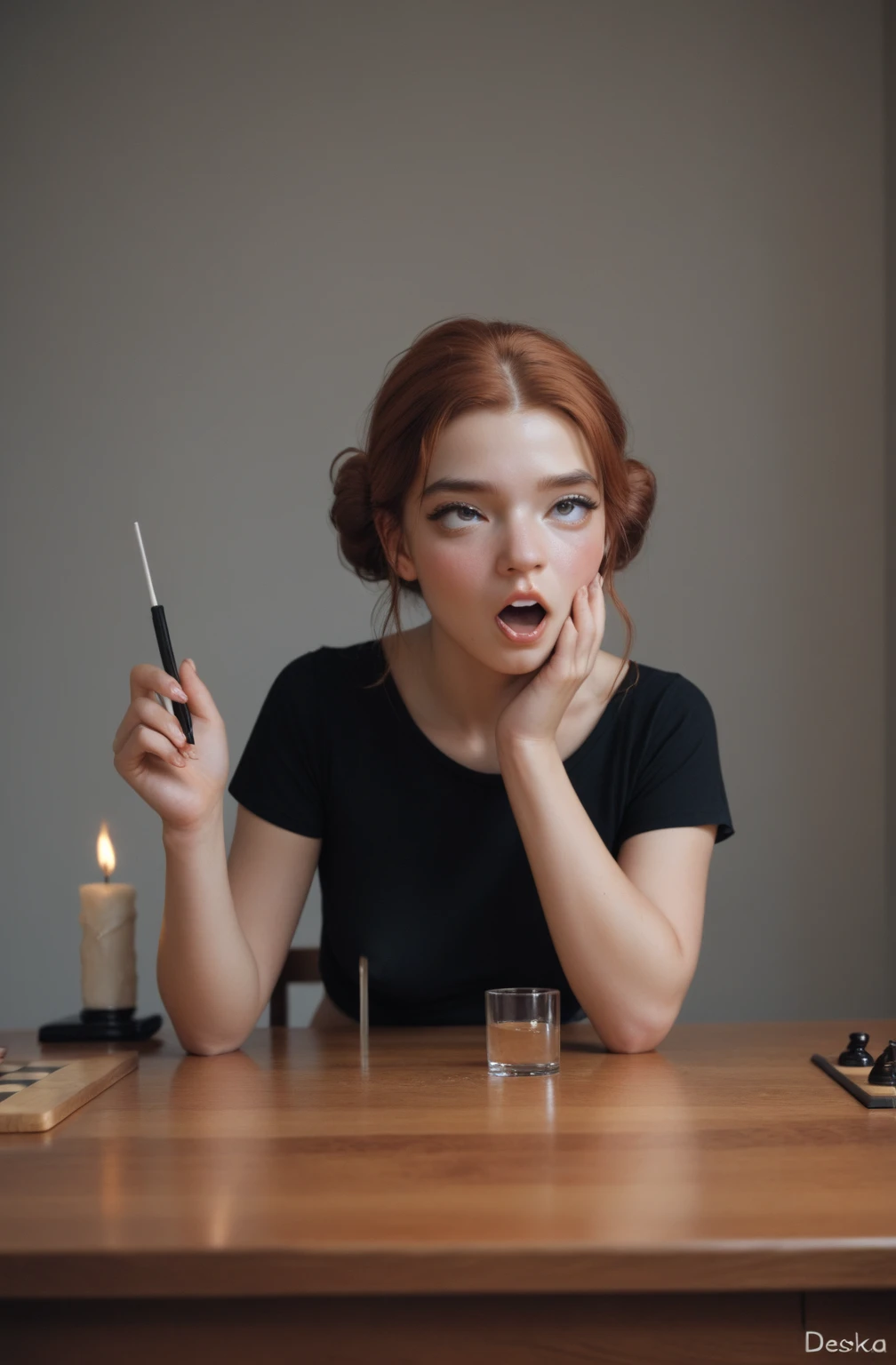  A young woman sitting at a table with a checkerboard ,  desnuda  ,  Beautiful tits  ,  orgasm face,   completely naked ,   in front of the spectator ,   hard nipples, topless, holding on to her big themes 