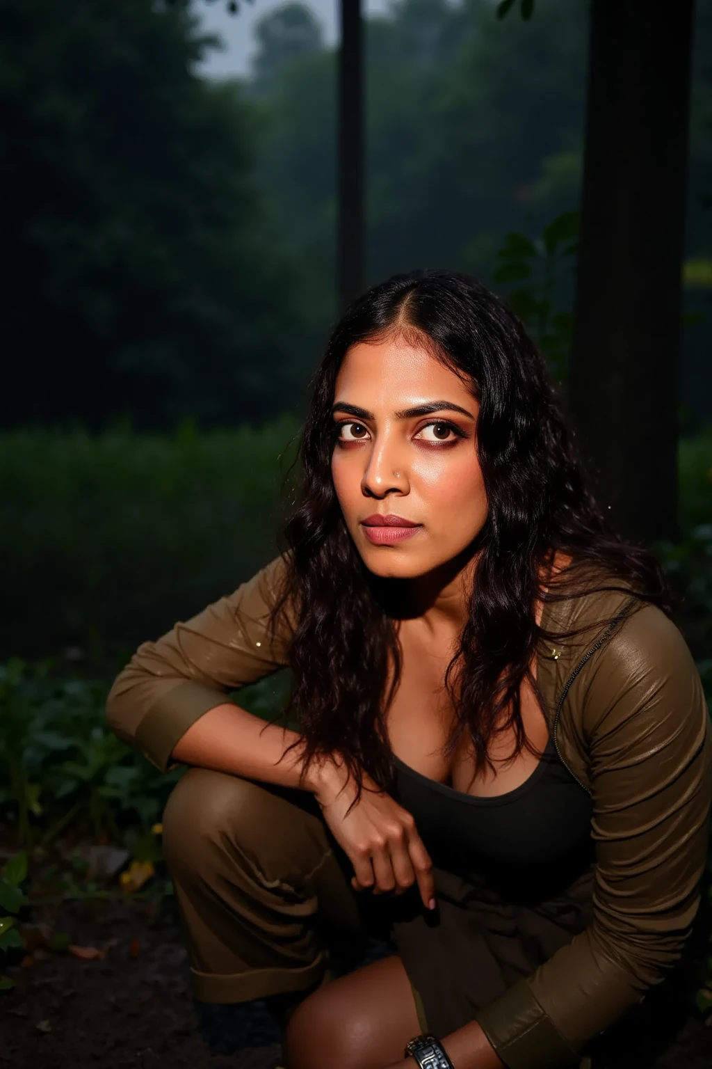 A woman crouches on the forest floor during a heavy rainstorm at night, her sweat-covered and rain-soaked skin glowing faintly in the dim light filtering through the clouds. Her rugged jacket and tank top are drenched and cling to her body, while her face shows exhaustion and determination. Droplets of rain mix with sweat as they slide down her face and arms, catching the light. Around her, the forest is alive with shadows and the faint sounds of rain falling on leaves, adding to the tension and realism of the scene.