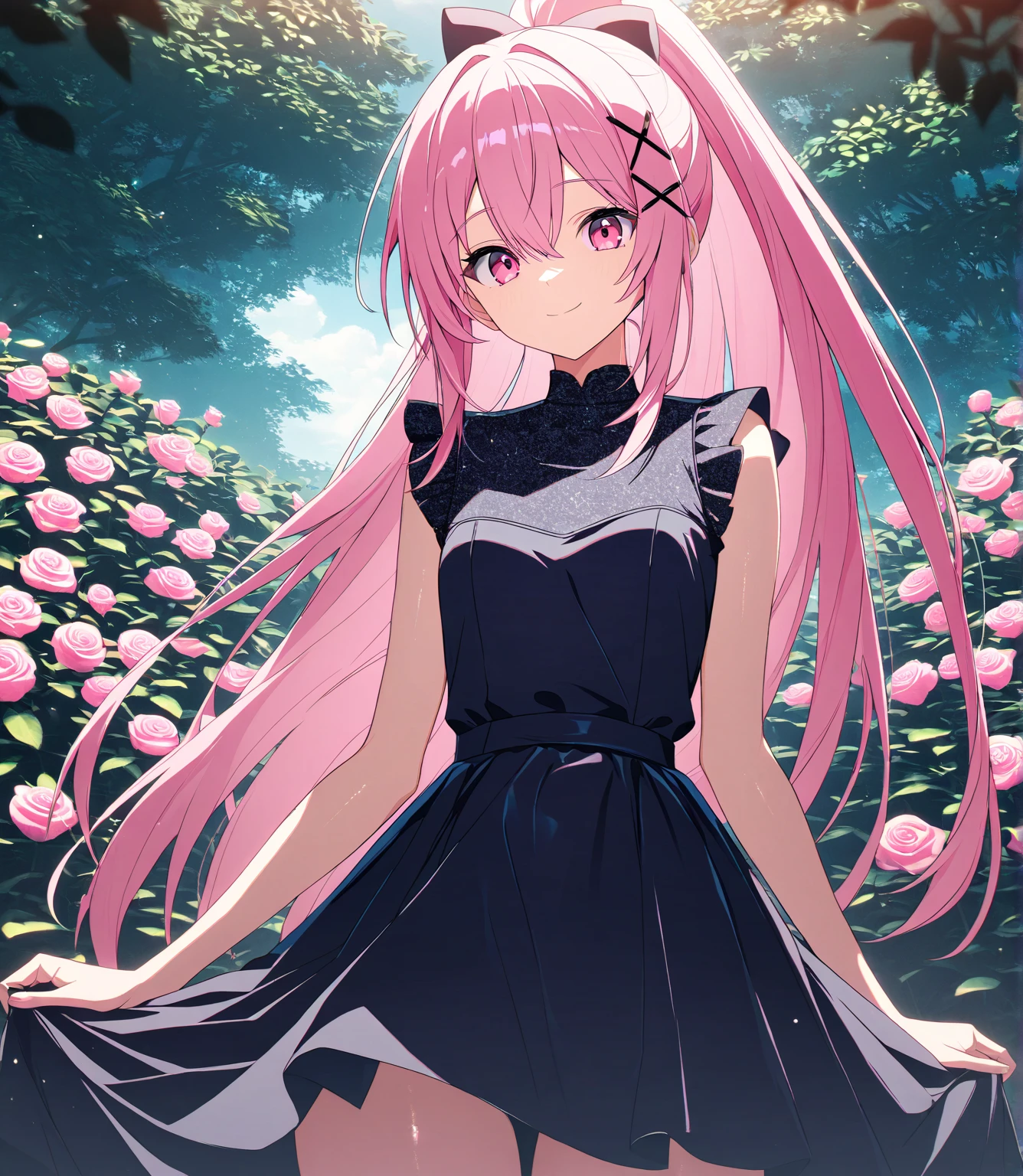 score_9, score_8_up, score_7_up, masterpiece, absurdres, source_anime,1girl, solo, adult, girl focus, adult, very detailed expressive eyes, (very detailed eyes), aesthetic eyes, bright eyes, (bright pink eyes),  pink eyes, beautifully styled hair, very detailed hair, straight hair, bright pink hair, long hair, hair between eyes, (styled ponytail), (slim ponytail), (straight hair), (straight ponytail),styled hair,  little smile, looking at viewer, small breasts, shiny skin, healthy skin colour, face focus, BREAK
((blue and black) summer dress, multicoloured dress, x hair ornament), outdoors, rose garden, sunny, standing,  half body, cowboy shot, bright mood, BREAK
HDR, 8K, masterpiece, best quality, amazing quality, very aesthetic, high resolution, ultra-detailed, absurdres, newest, scenery, aesthetic detailed background, very detailed background, best quality, game cg aesthetics, beautiful detailed eyes, detailed skin, detailed hair, light particles,  depth of field, 
(masterpiece), best quality, ultra-detailed, 1024k UHD wallpaper, ultra-high resolution, depth of field, HDR, Ray tracing, RTX, high saturation, photon mapping, best texture quality, best compotitions, (extremely detailed CG 1024k wallpaper), High Details, Detailed face, Detailed Clothes, Ultra HD Photo, Perfect Face, expressive eyes, bright colours