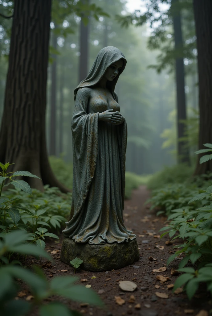  A small, dilapidated stone statue standing next to the dark, Dense forest,  It shines ominously in the dark ,  suggests a cursed presence ,  A dark, gloomy forest , Lush nature , Atmospheric lighting , Movie,  Highly Detailed , photo actual , 8K,  masterpiece, ( best quality ,4K,8K, high resolution on the bench, masterpiece:1.2),  super detailed ,( actual ,photo actual ,photo- actual :1.37),HDR,UHB, studio lighting , An ultra-detailed painting ,  sharp focus , physically-based rendering , Extremely detailed description ,major, bright colors ,Bokeh,  Dark Fantasies  ,Gothic, surrealism 