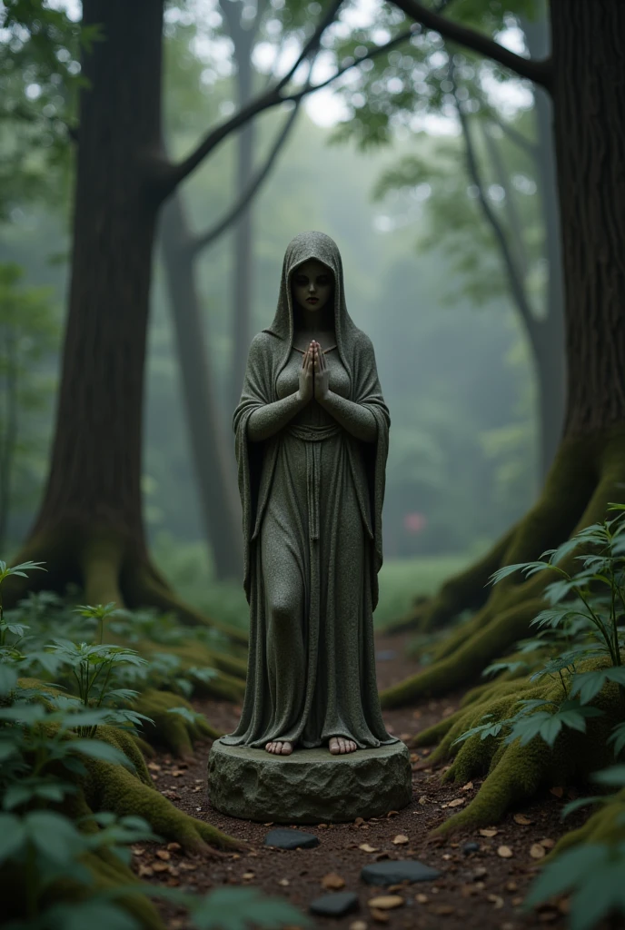  A small, dilapidated stone statue standing next to the dark, Dense forest,  It shines ominously in the dark ,  suggests a cursed presence ,  A dark, gloomy forest , Lush nature , Atmospheric lighting , Movie,  Highly Detailed , photo actual , 8K,  masterpiece, ( best quality ,4K,8K, high resolution on the bench, masterpiece:1.2),  super detailed ,( actual ,photo actual ,photo- actual :1.37),HDR,UHB, studio lighting , An ultra-detailed painting ,  sharp focus , physically-based rendering , Extremely detailed description ,major, bright colors ,Bokeh,  Dark Fantasies  ,Gothic, surrealism 