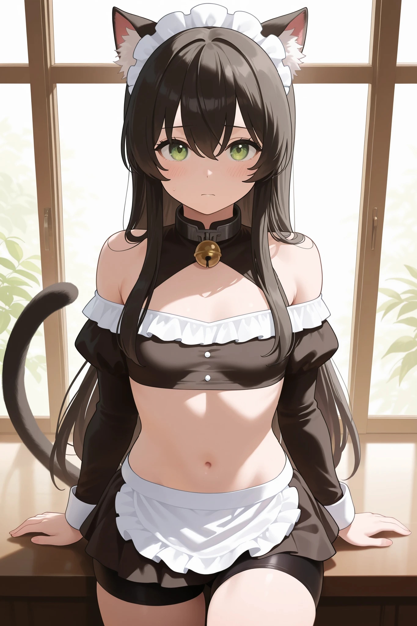NSFW,masterpiece, best quality , High Resolution , very detailed,Rem Gallew 、 long hair、bangs、 black hair、 animal ears 、 hair between your eyes、非常に long hair、 green eyes、tail、 side lock、Cat ears、 cat's tail、 animal ears の毛, little chest, maid clothes , off shoulder, Crop Top, micro mini skirt , bike shorts