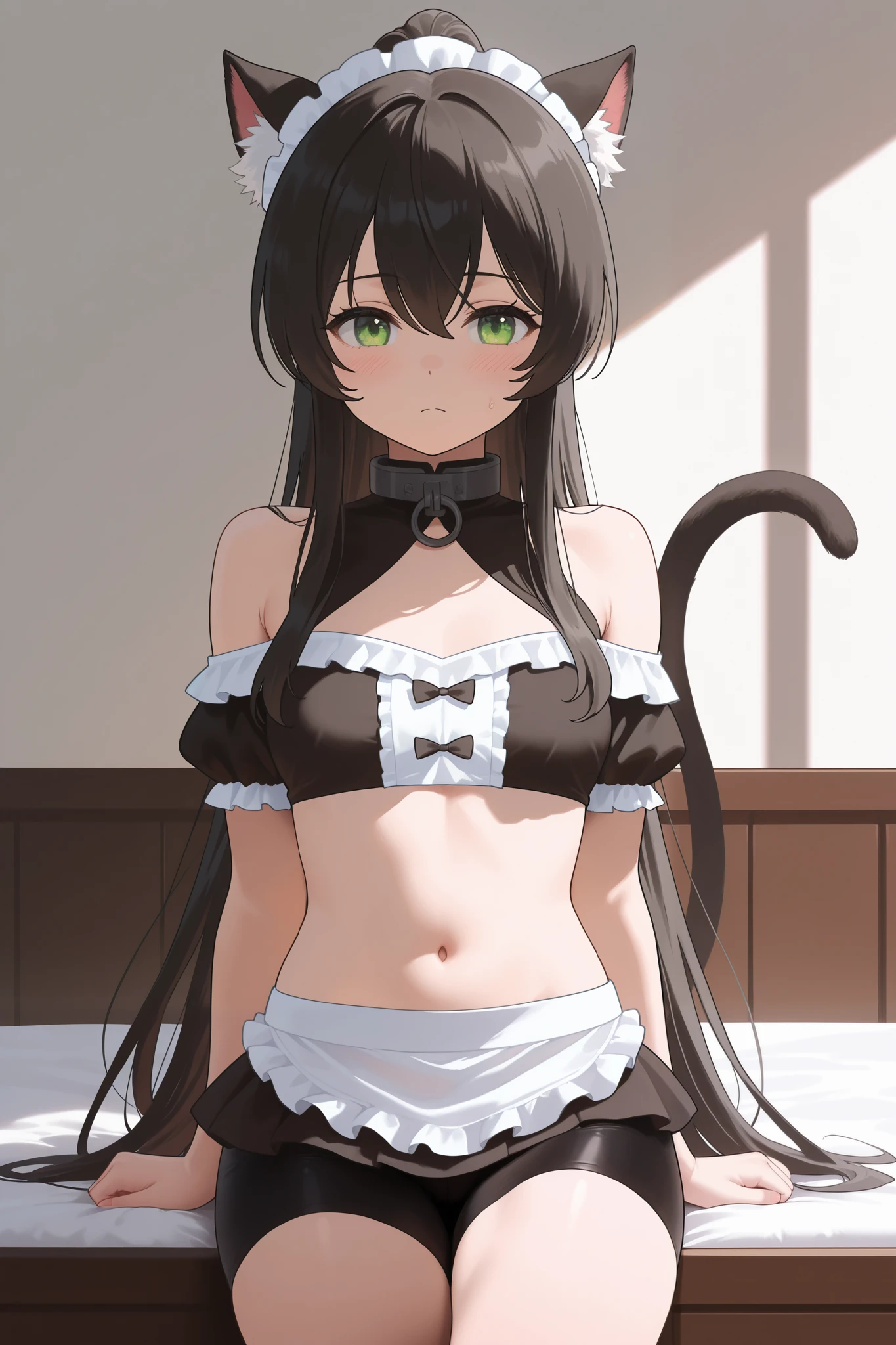 NSFW,masterpiece, best quality , High Resolution , very detailed,Rem Gallew 、 long hair、bangs、 black hair、 animal ears 、 hair between your eyes、非常に long hair、 green eyes、tail、 side lock、Cat ears、 cat's tail、 animal ears の毛, little chest, maid clothes , off shoulder, Crop Top, micro mini skirt , bike shorts