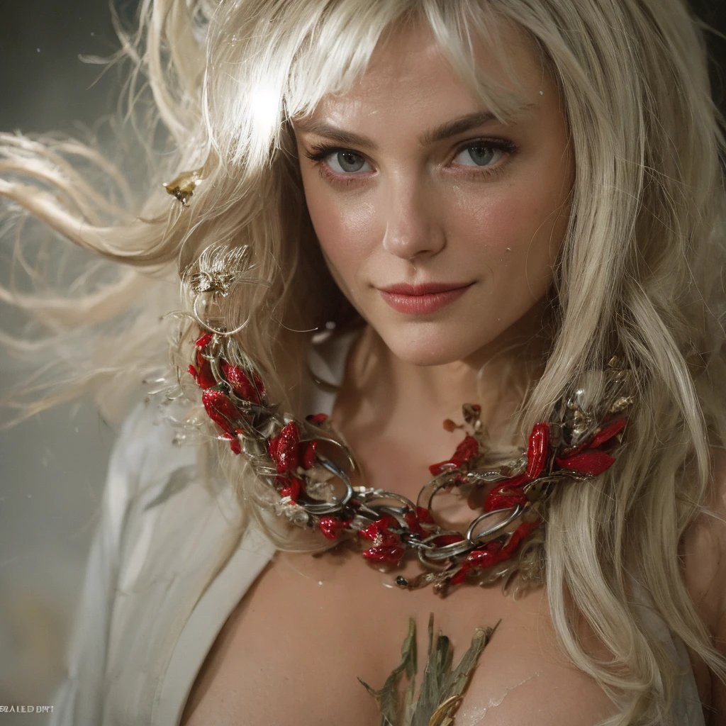 A woman, (((white eyes, white pupil))), (pale green hair), dressed in a Christmas tree-inspired outfit, with a green tinsel minidress that resembles it. tree branches, adorned with colorful ornaments, twinkling lights and a star, complemented by red and gold ornaments and a candy cane striped bow headband, exuding festive and glamorous vibes, ((zombie)), ((zombie woman )), ((exposed brain)), ((medium shot of a zombified woman)), horror film, aristocratic aesthetic, ultra detailed, photorealistic, masterpiece, ultra pale skin, ((blood all over the body)), ((torn clothes)), ((torn body)), ((open mouth dripping drool))