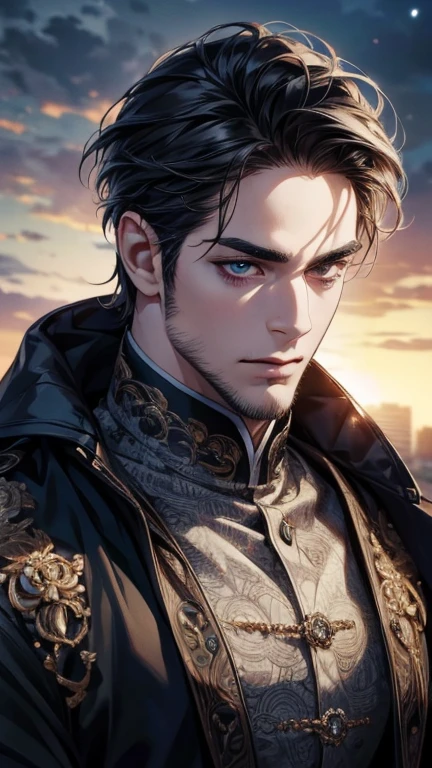 (best quality,4k,8k,highres,masterpiece:1.2),ultra-detailed,(realistic,photorealistic,photo-realistic:1.37),36 year old man,3 day beard,handsome anime,portraits,strong,masculine,dark hair,sharp jawline,mesmerizing eyes,perfectly styled hair,cool anime outfit,confident expression,vibrant colors,dynamic lighting, expression love.