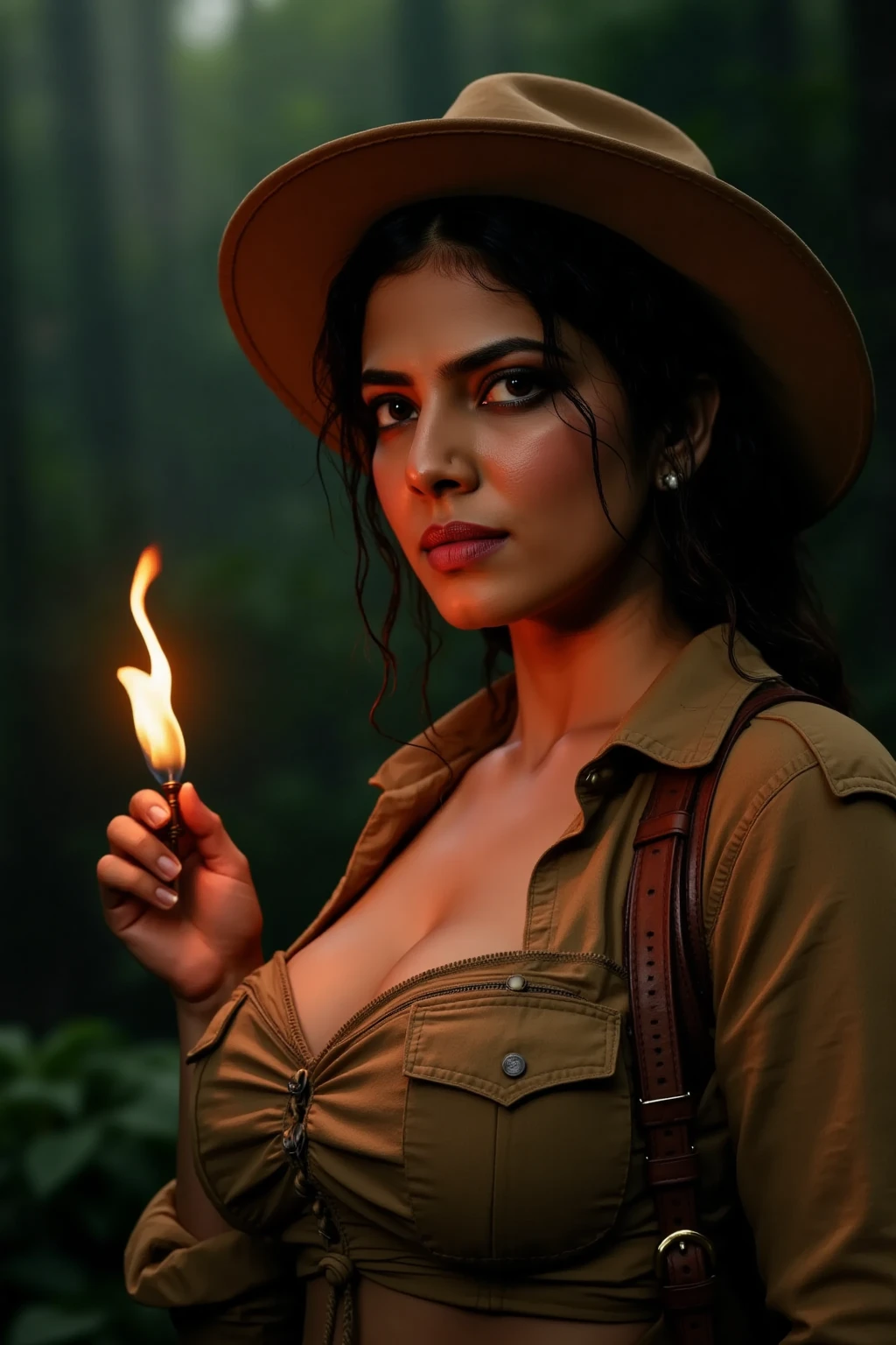 upper half of a woman in Edwardian-era explorer attire with large breast , featuring a tailored khaki jacket with pockets, a wide-brimmed hat, and a leather satchel strap across her shoulder. She holds a vintage compass in one hand. The background depicts a lush jungle with soft sunlight streaming through the leavesUltra-realistic digital art of the upper half of a woman in a dark forest at night She wears a weathered adventure-style coat, and her sweat-covered face glows in the warm, flickering light of the flame. Her expression is fearful yet determined, with messy, damp hair framing her face. The dense forest in the background is engulfed in shadow, with only the flame providing illumination.