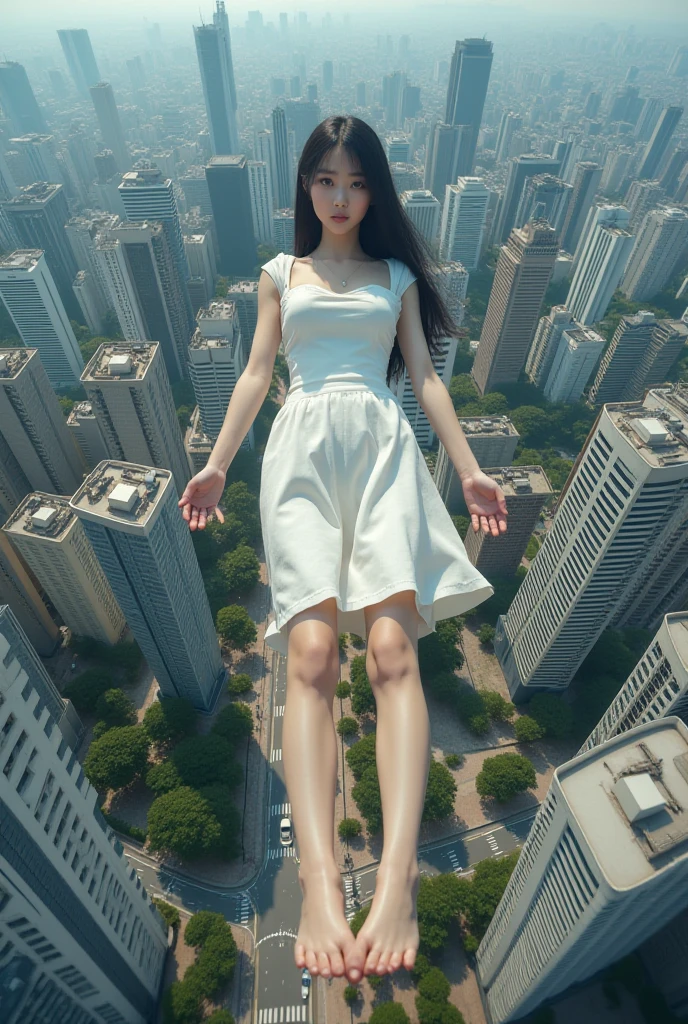 In a futuristic city where nature harmoniously merges with technology, a self-assured woman named Jazmine Tan dons an avant-garde dress that mimics the environment, as she effortlessly strikes a pose symbolizing power and unity; cameras from above capture her elegance, blending perfectly with the surroundings. jazminetan <lora:iskzzl18f898efb6egb69:1>