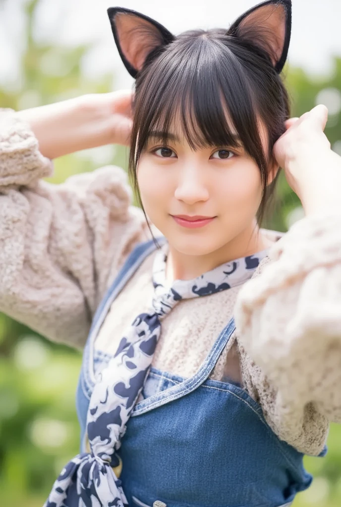 knitted sweater jacket,(Big boobs:1.2),cleveage,穿Black underwear,black slime shapeshifter,looking at the audience,Smile, Black underwear、cleveage,Long hair ,Pretty Face,cute appearance,confident girl,Slime with melted lower body,In the park,There are many maple leaves,autumn,