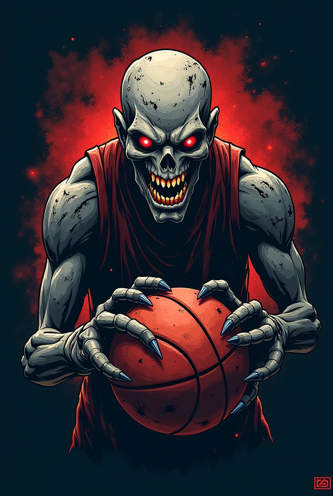 Logo for a basketball team where a skull plays basketball, This makes a mate, putting the ball in the hoop. The clothes are designed to highlight the purple and black colors.